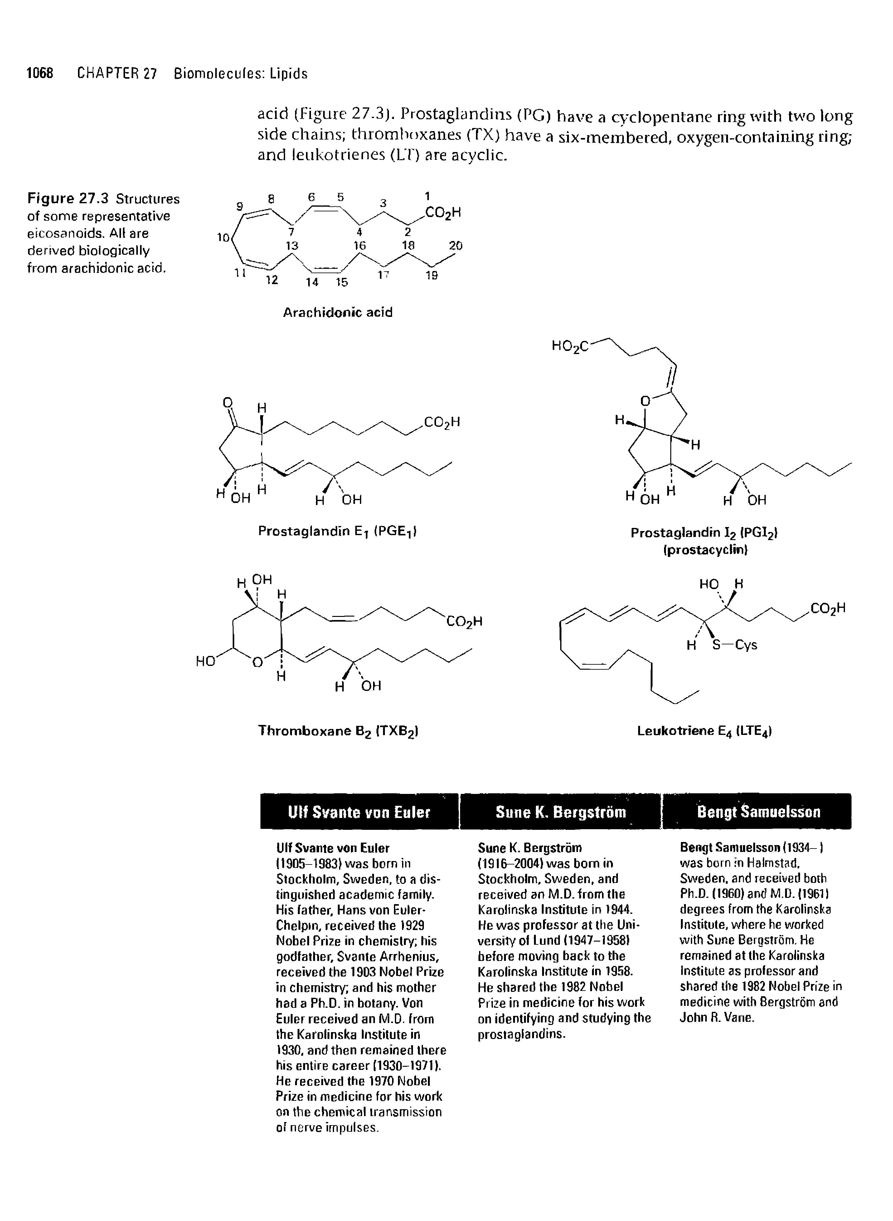 Figure 27.3 Structures of some representative eicosanoids. All are derived biologically from arachidonic acid.