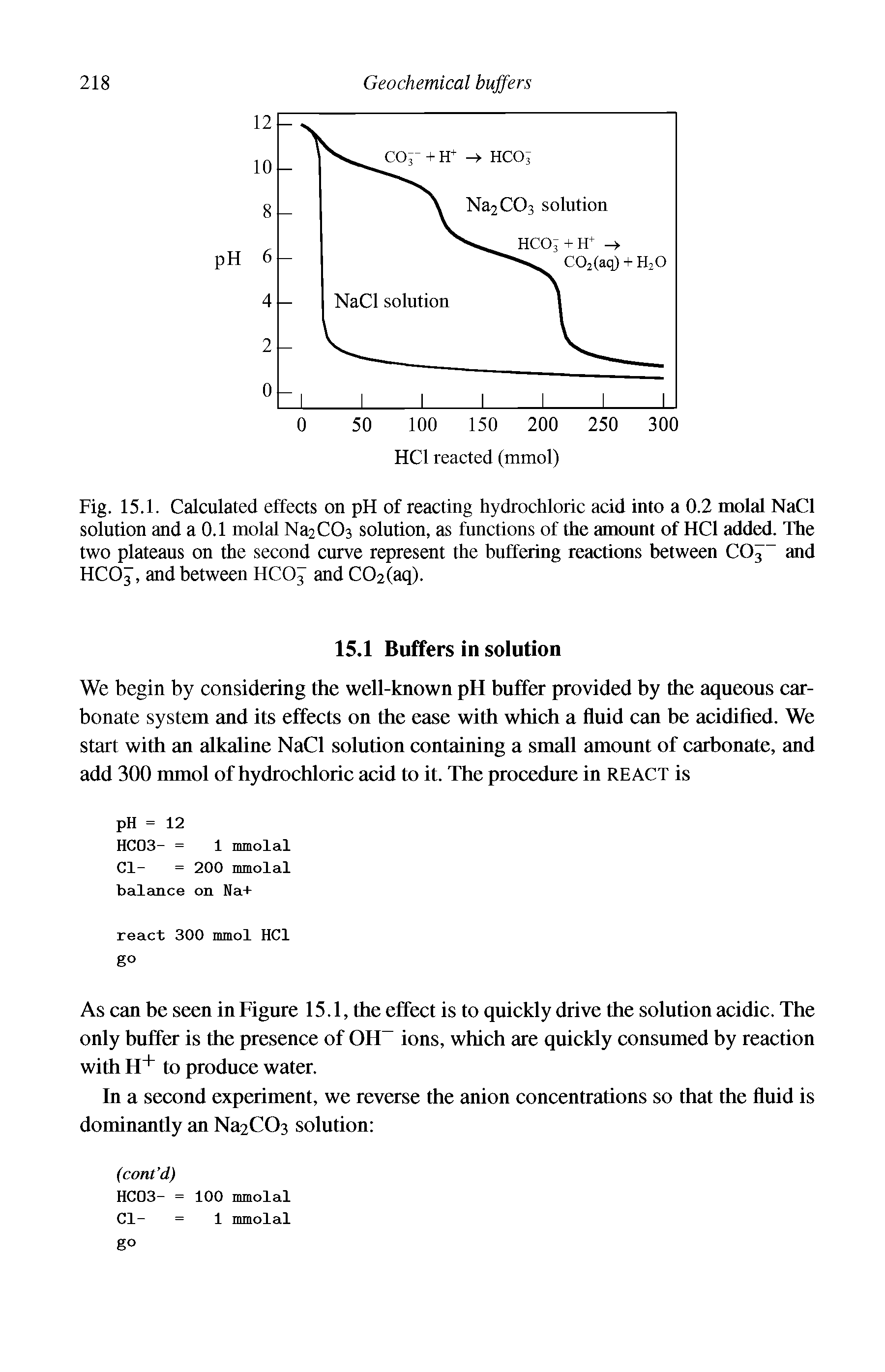 Fig. 15.1. Calculated effects on pH of reacting hydrochloric acid into a 0.2 molal NaCl solution and a 0.1 molal Na2CC>3 solution, as functions of the amount of HC1 added. The two plateaus on the second curve represent the buffering reactions between COJ- and HCOJ, and between HCO3 and C02(aq).