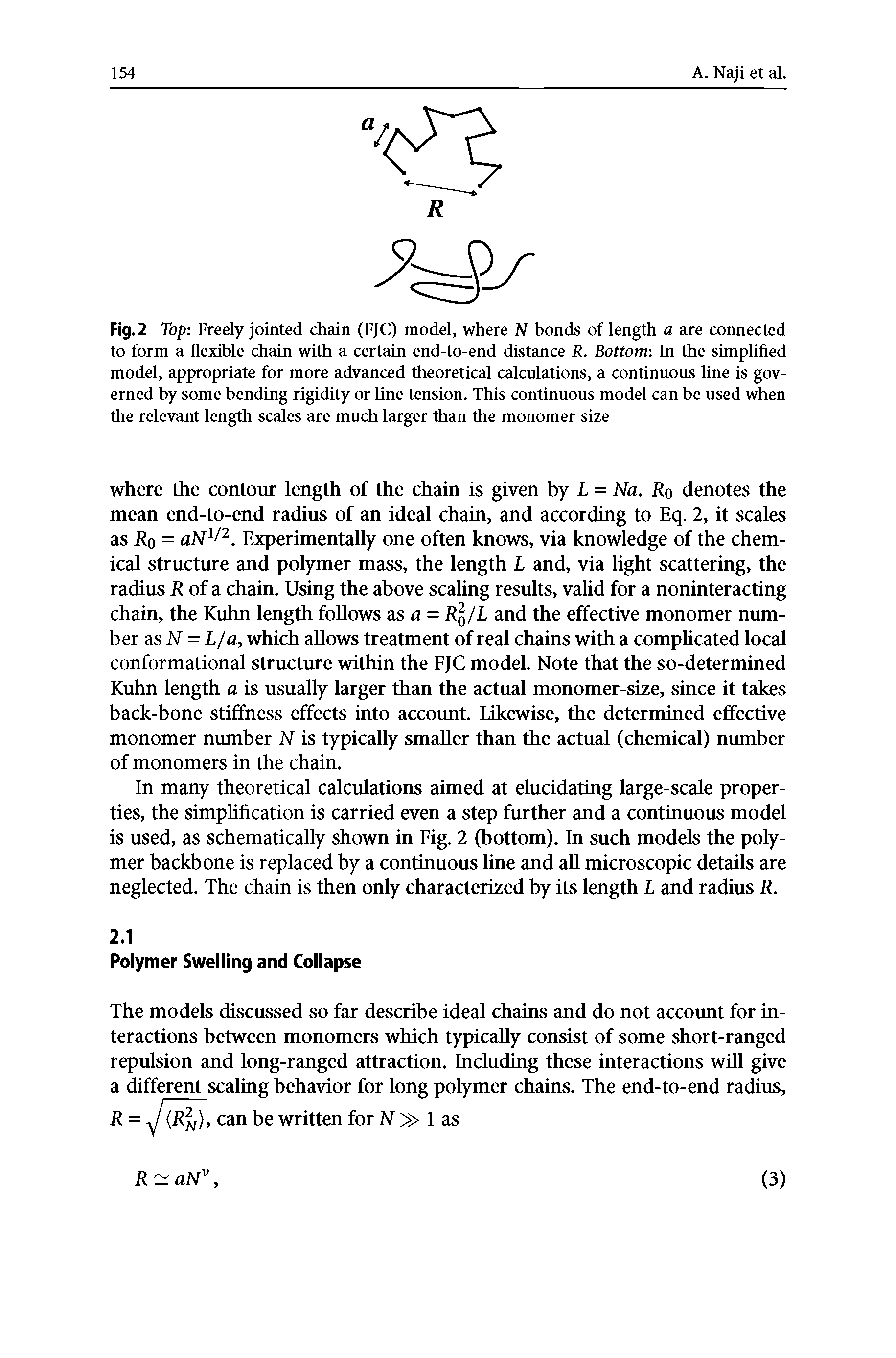 Fig. 2 Top Freely jointed chain (FJC) model, where N bonds of length a are connected to form a flexihle chain with a certain end-to-end distance R. Bottom in the simplified model, appropriate for more advanced theoretical calculations, a continuous line is governed hy some bending rigidity or line tension. This continuous model can be used when the relevant length scales are much larger than the monomer size...