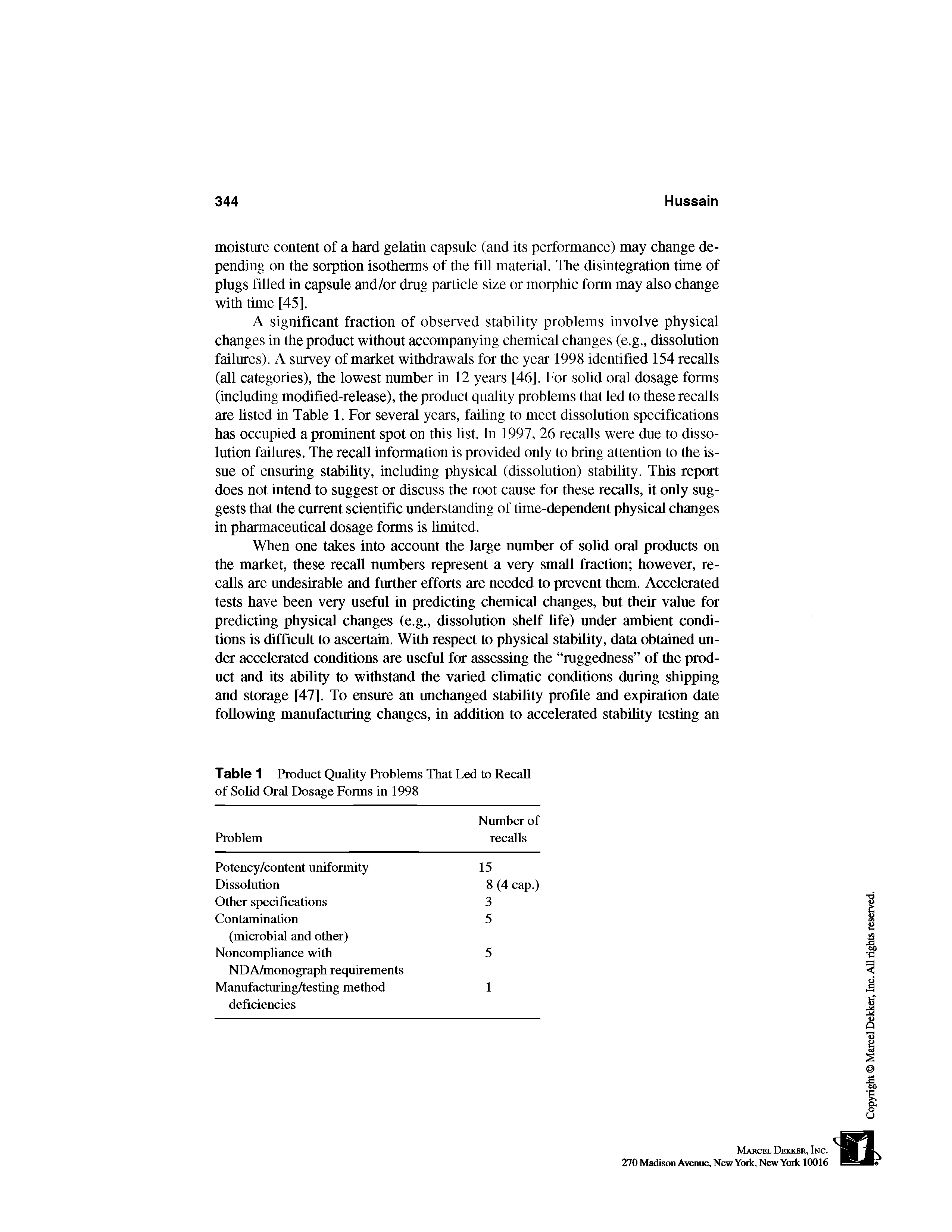 Table 1 Product Quality Problems That Led to Recall of Solid Oral Dosage Forms in 1998...