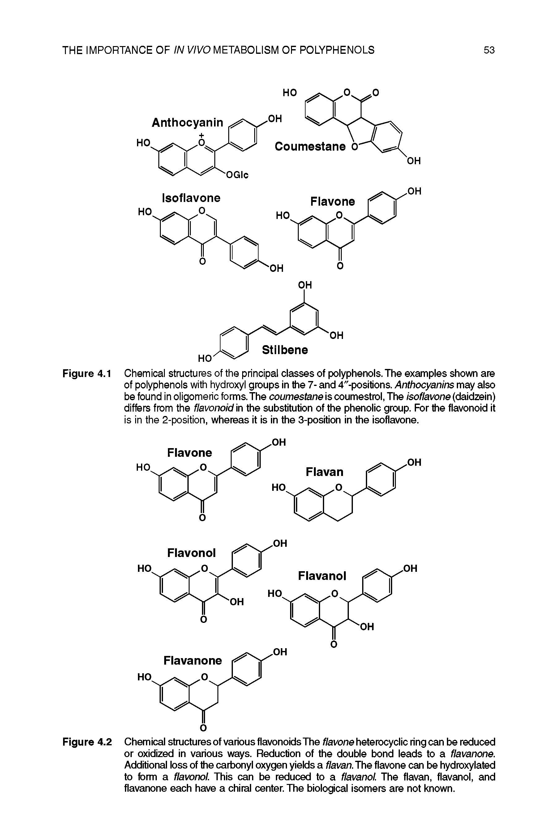 Figure 4.2 Chemical structures of various flavonoidsThe flavone heterocyclic ring can be reduced or oxidized in various ways. Reduction of the double bond leads to a flavanone. Additional loss of the carbonyl oxygen yields a flavan.Jhe flavone can be hydroxylated to form a flavonol. This can be reduced to a flavanol. The flavan, flavanol, and flavanone each have a chiral center. The biological isomers are not known.