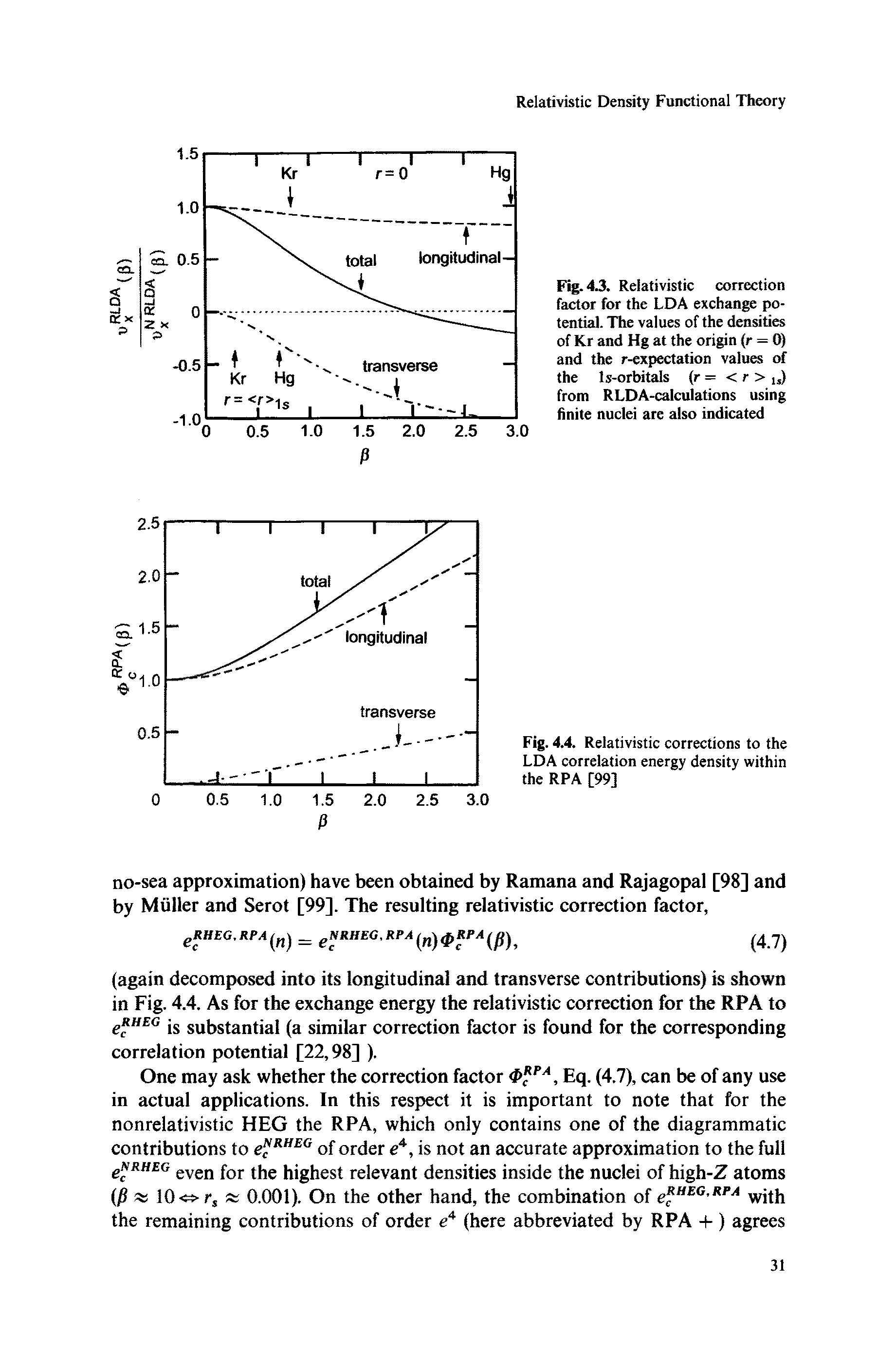 Fig. 4.3. Relativistic correction factor for the LDA exchange potential. The values of the densities of Kr and Hg at the origin (r = 0) and the r-expectation values of the Is-orbitals (r = < r >, 5) from RLDA-calculations using finite nuclei are also indicated...