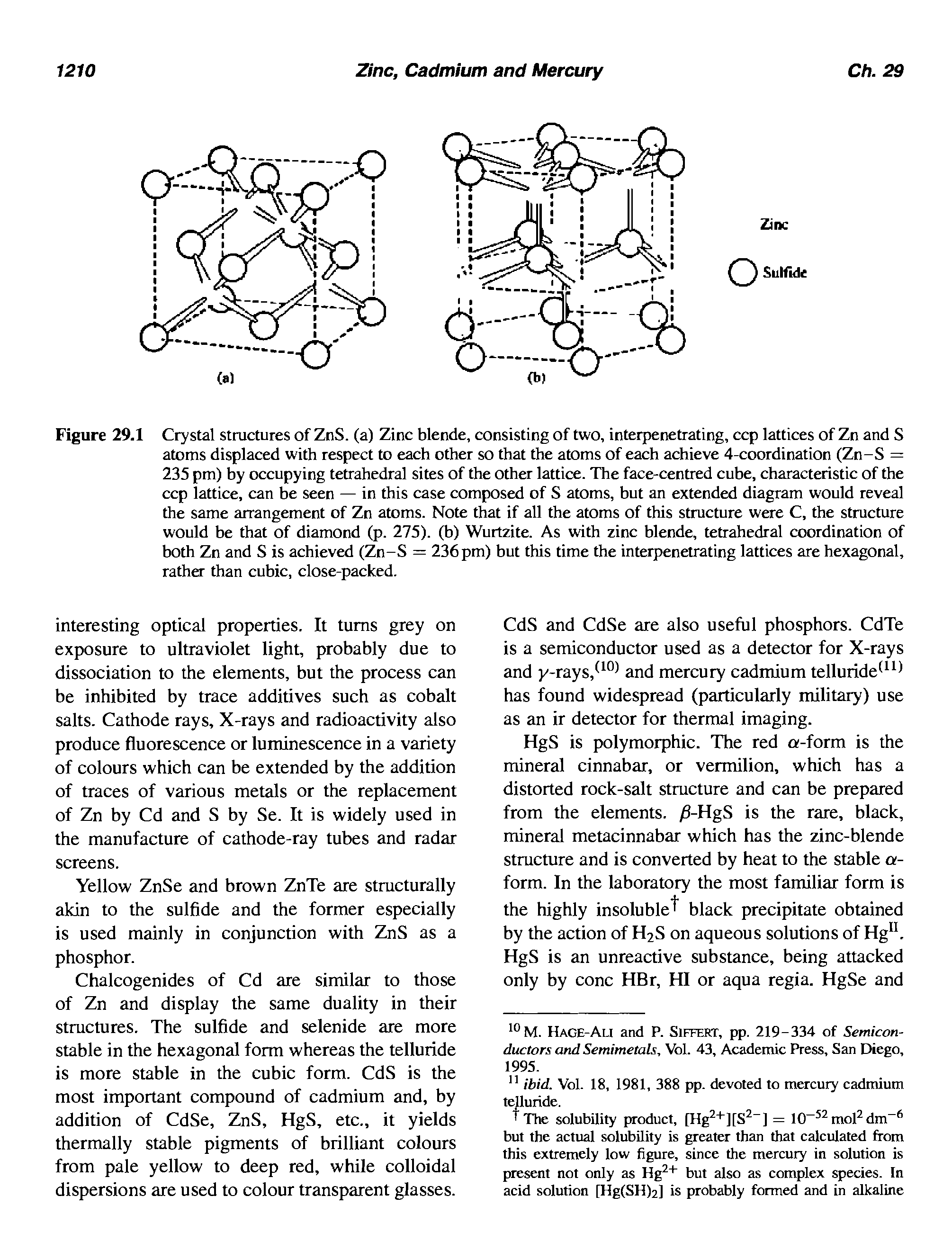 Figure 29.1 Crystal structures of ZnS. (a) Zinc blende, consisting of two, interpenetrating, cep lattices of Zn and S atoms displaced with respect to each other so that the atoms of each achieve 4-coordination (Zn-S = 235 pm) by occupying tetrahedral sites of the other lattice. The face-centred cube, characteristic of the cep lattice, can be seen — in this case composed of S atoms, but an extended diagram would reveal the same arrangement of Zn atoms. Note that if all the atoms of this structure were C, the structure would be that of diamond (p. 275). (b) Wurtzite. As with zinc blende, tetrahedral coordination of both Zn and S is achieved (Zn-S = 236 pm) but this time the interpenetrating lattices are hexagonal, rather than cubic, close-packed.