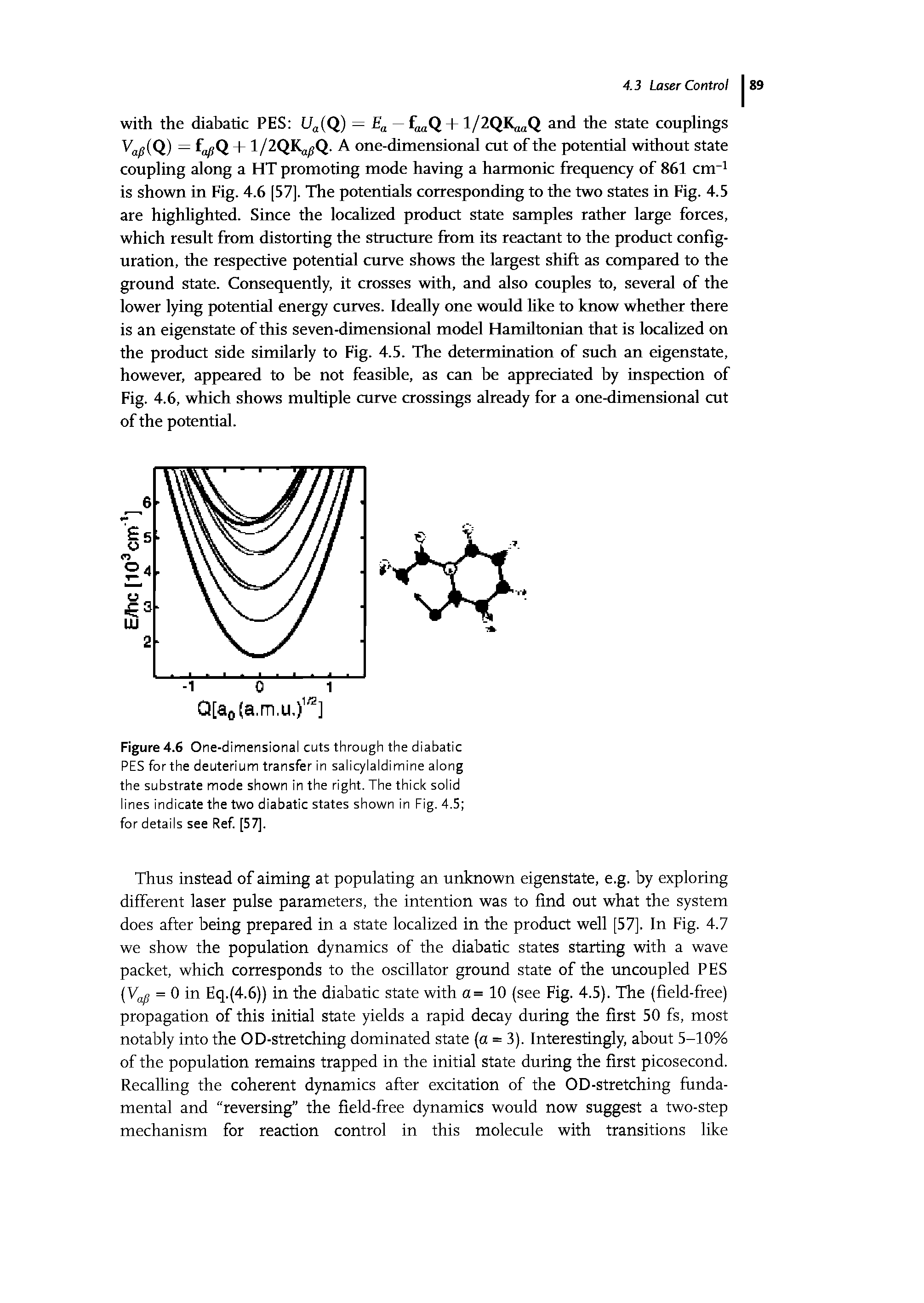 Figure 4.6 One-dimensional cuts through the diabatic PES forthe deuterium transfer in salicylaldimine along the substrate mode shown in the right. The thick solid lines indicate the two diabatic states shown in Fig. 4.5 for details see Ref [57].