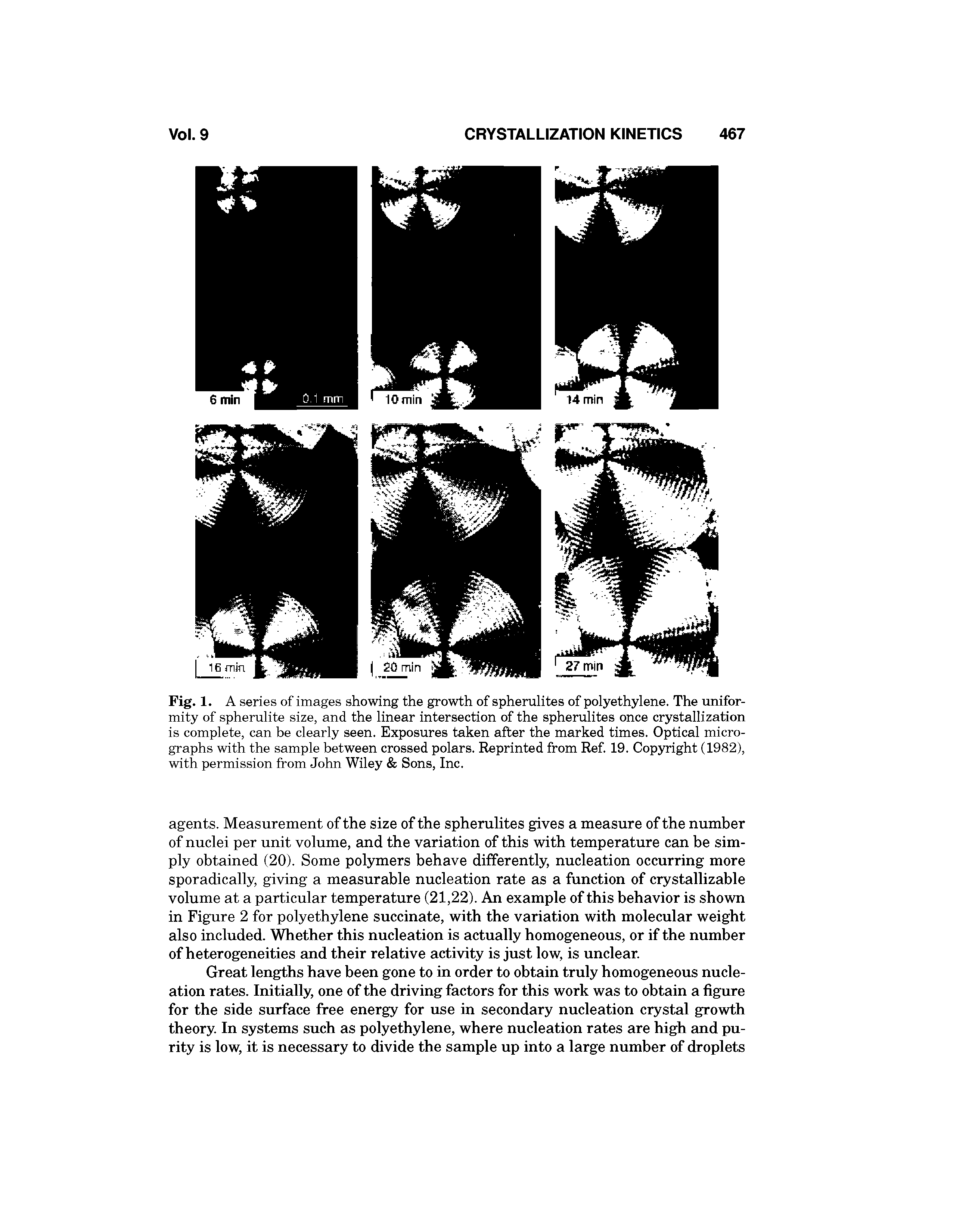 Fig. 1. A series of images showing the growth of spherulites of polyethylene. The uniformity of spherulite size, and the linear intersection of the spherulites once crystallization is complete, can be clearly seen. Exposures taken after the marked times. Optical micrographs with the sample between crossed polars. Reprinted from Ref 19. Copyright (1982), with permission from John Wiley Sons, Inc.