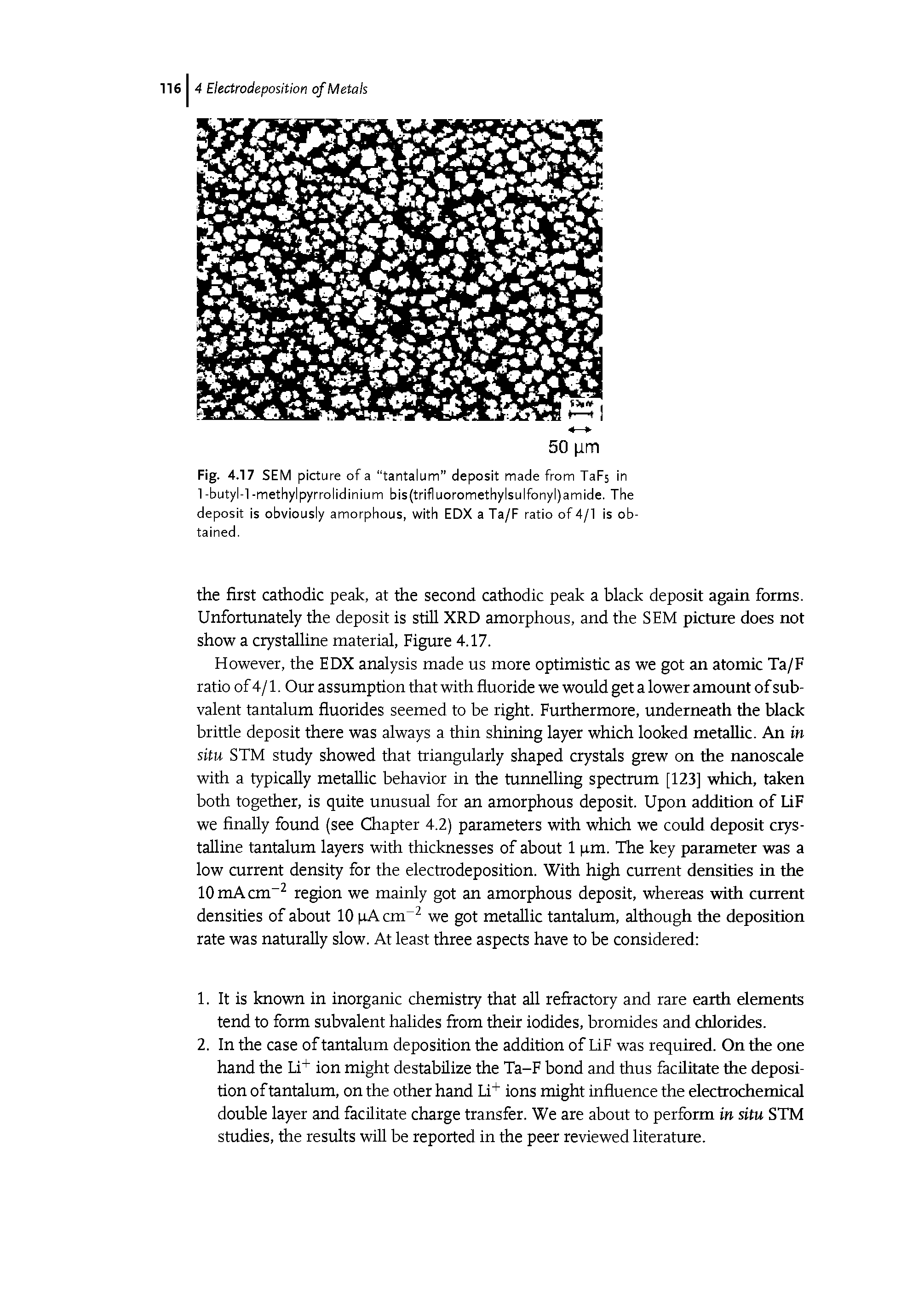 Fig. 4.17 SEM picture of a tantalum deposit made from TaFs in 1 -butyl-1 -methylpyrrolidinium bis(trifluoromethylsulfonyl)amide. The deposit is obviously amorphous, with EDX a Ta/F ratio of 4/1 is obtained.