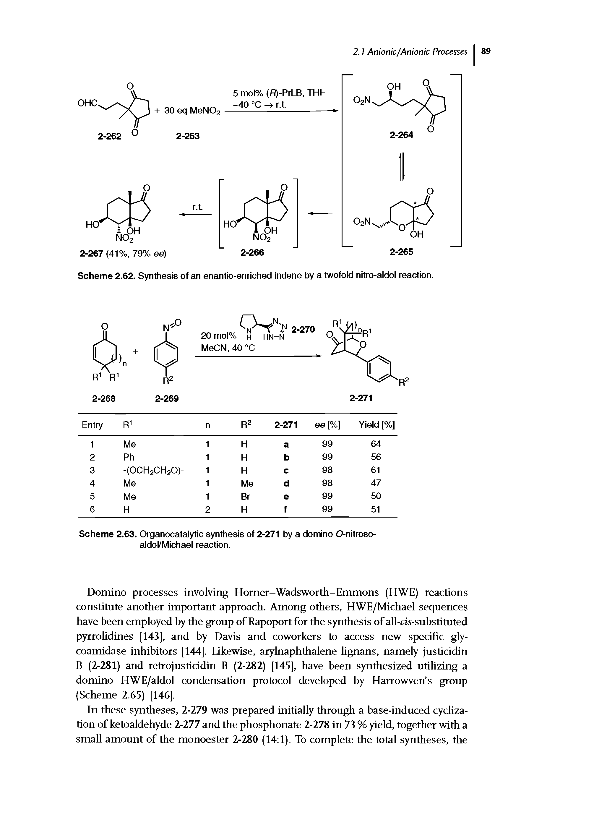Scheme 2.62. Synthesis of an enantio-enriched indene by a twofold nitro-aldol reaction.