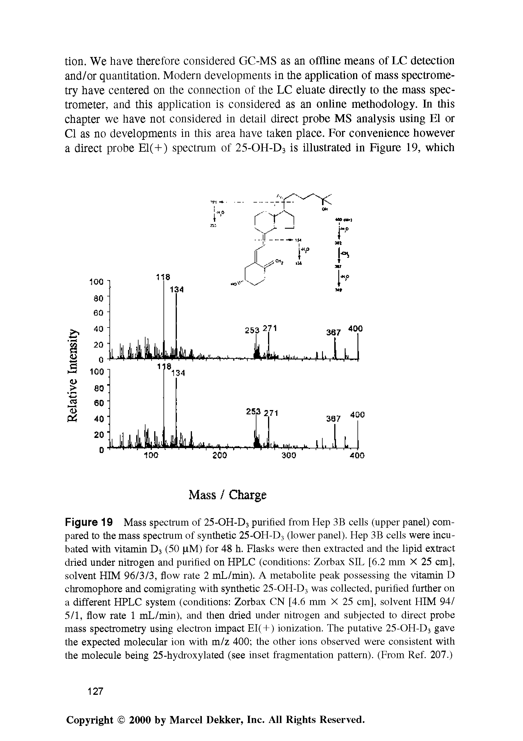 Figure 19 Mass spectrum of 25-OH-D3 purified from Hep 3B cells (upper panel) compared to the mass spectrum of synthetic 25-OH-D3 (lower panel). Hep 3B cells were incubated with vitamin D3 (50 pM) for 48 h. Flasks were then extracted and the lipid extract dried under nitrogen and purified on HPLC (conditions Zorbax SIL [6.2 mm X 25 cm], solvent HIM 96/3/3, flow rate 2 mL/min). A metabolite peak possessing the vitamin D chromophore and comigrating with synthetic 25-OH-D3 was collected, purified further on a different HPLC system (conditions Zorbax CN [4.6 mm X 25 cm], solvent HIM 94/ 5/1, flow rate 1 mL/min), and then dried under nitrogen and subjected to direct probe mass spectrometry using electron impact EI(+) ionization. The putative 25-OH-D3 gave the expected molecular ion with m/z 400 the other ions observed were consistent with the molecule being 25-hydroxylated (see inset fragmentation pattern). (From Ref. 207.)...