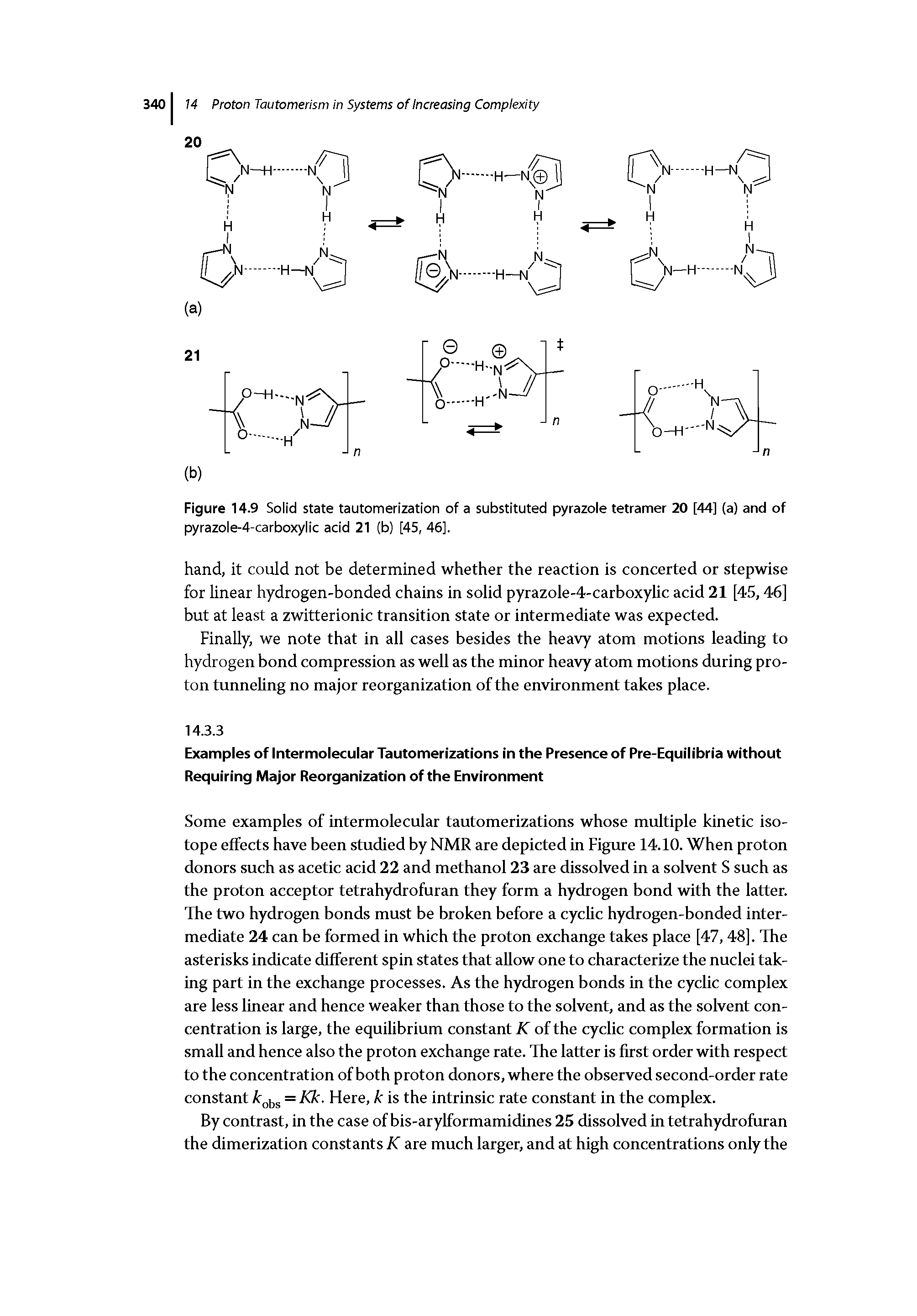 Figure 14.9 Solid state tautomerization of a substituted pyrazole tetramer 20 [44] (a) and of pyrazole-4-carboxylic acid 21 (b) [45, 46].