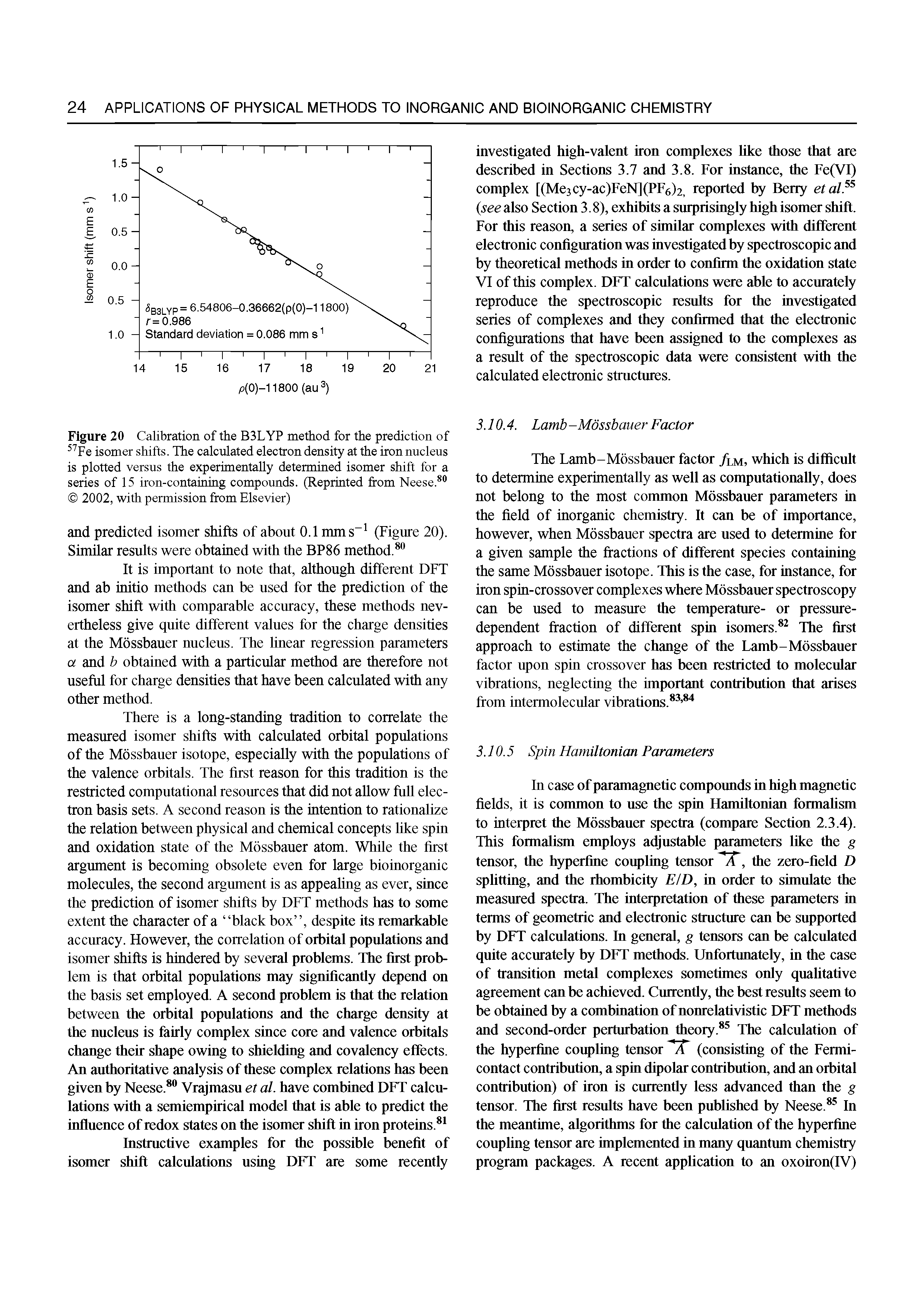 Figure 20 Calibration of the B3LYP method for the prediction of Fe isomer shifts. The calculated electron density at the iron nucleus is plotted versus the experimentally determined isomer shift for a series of 15 iron-containing compounds. (Reprinted from Neese. 2002, with permission from Elsevier)...