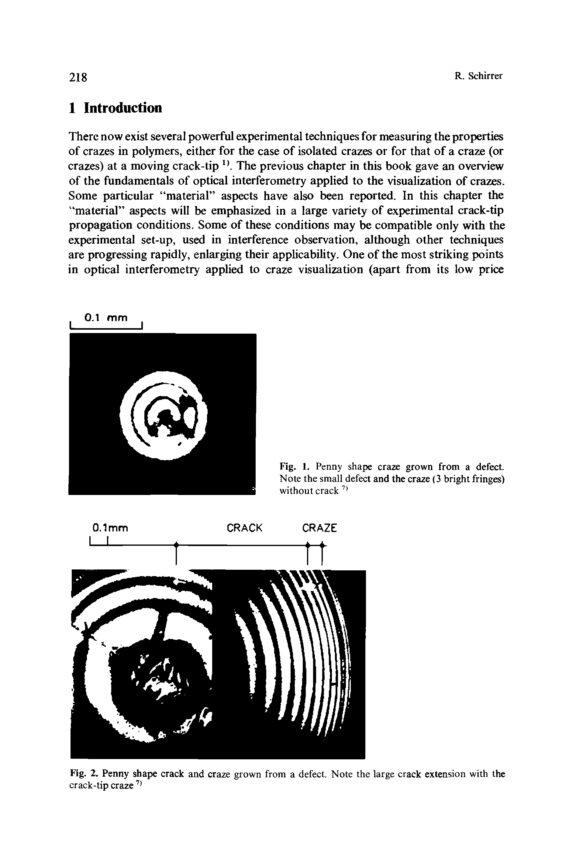 Fig. 1. Penny shape craze grown from a defect. Note the small defect and the craze (3 bright fringes) without crack ...