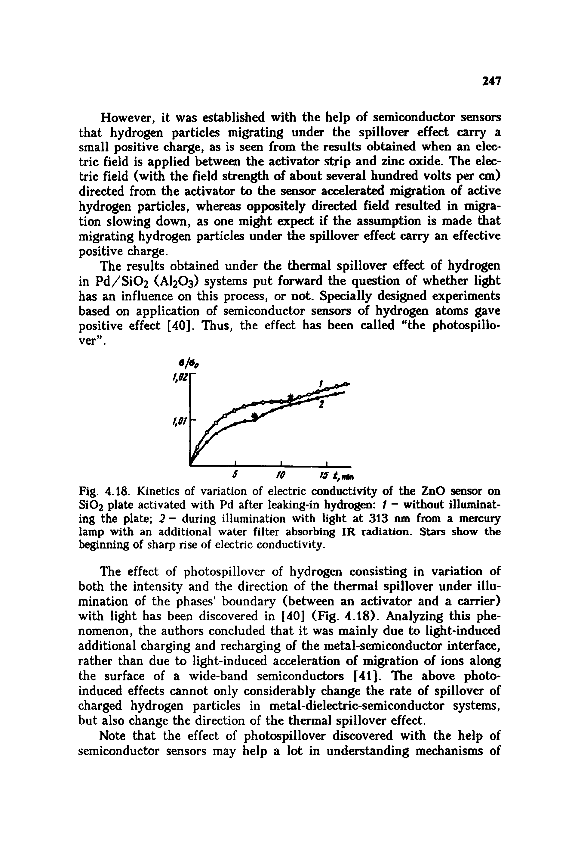 Fig. 4.18. Kinetics of variation of electric conductivity of the ZnO sensor on Si02 plate activated with Pd after leaking-in hydrogen 1 - without illuminating the plate 2 - during illumination with light at 313 nm from a mercury lamp with an additional water filter absorbing IR radiation. Stars show the beginning of sharp rise of electric conductivity.
