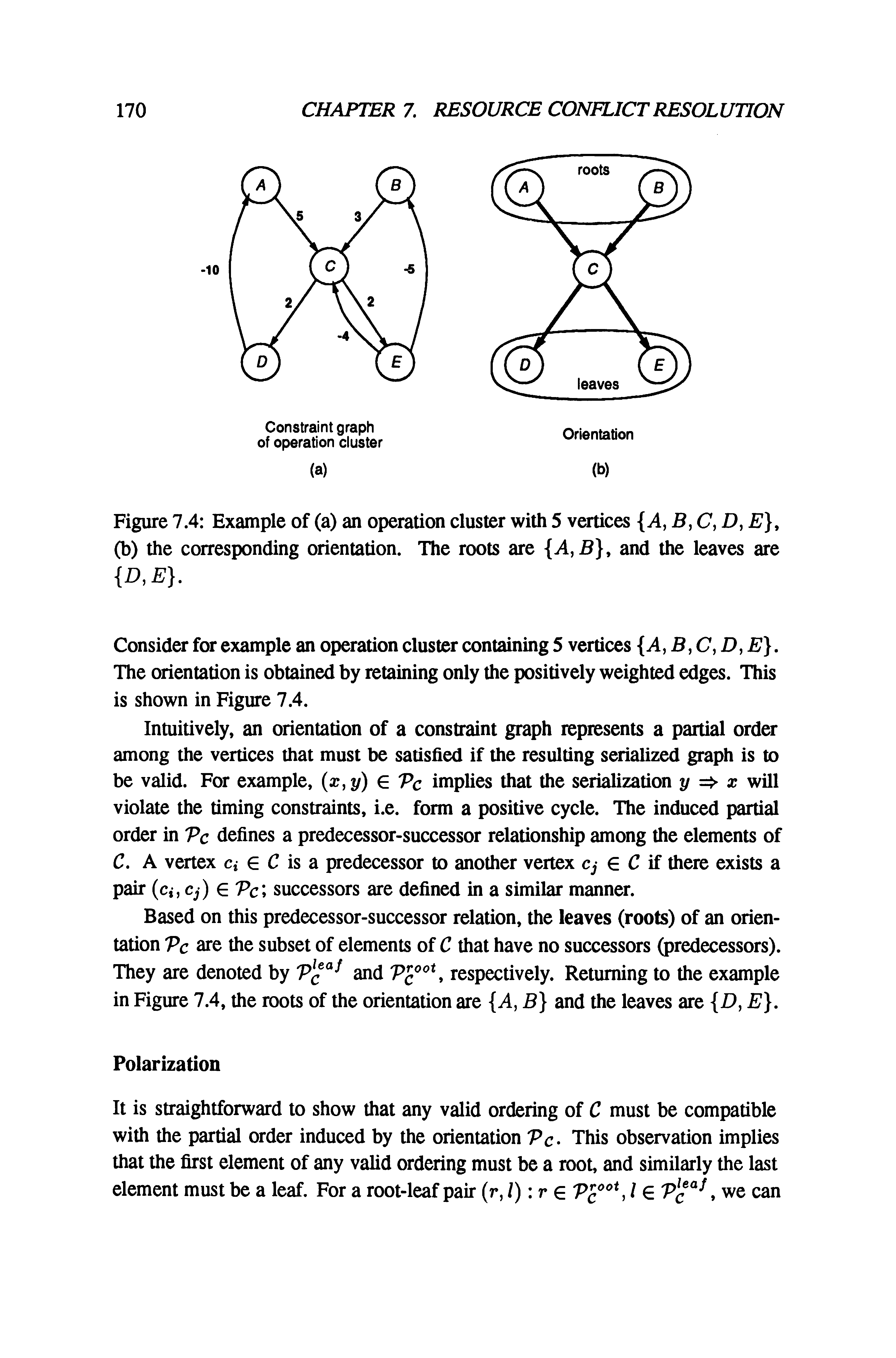 Figure 7.4 Example of (a) an operation cluster with 5 vatices 4, B, C, D, E), (b) the corresponding orientation. The roots are A,B, and the leaves are...