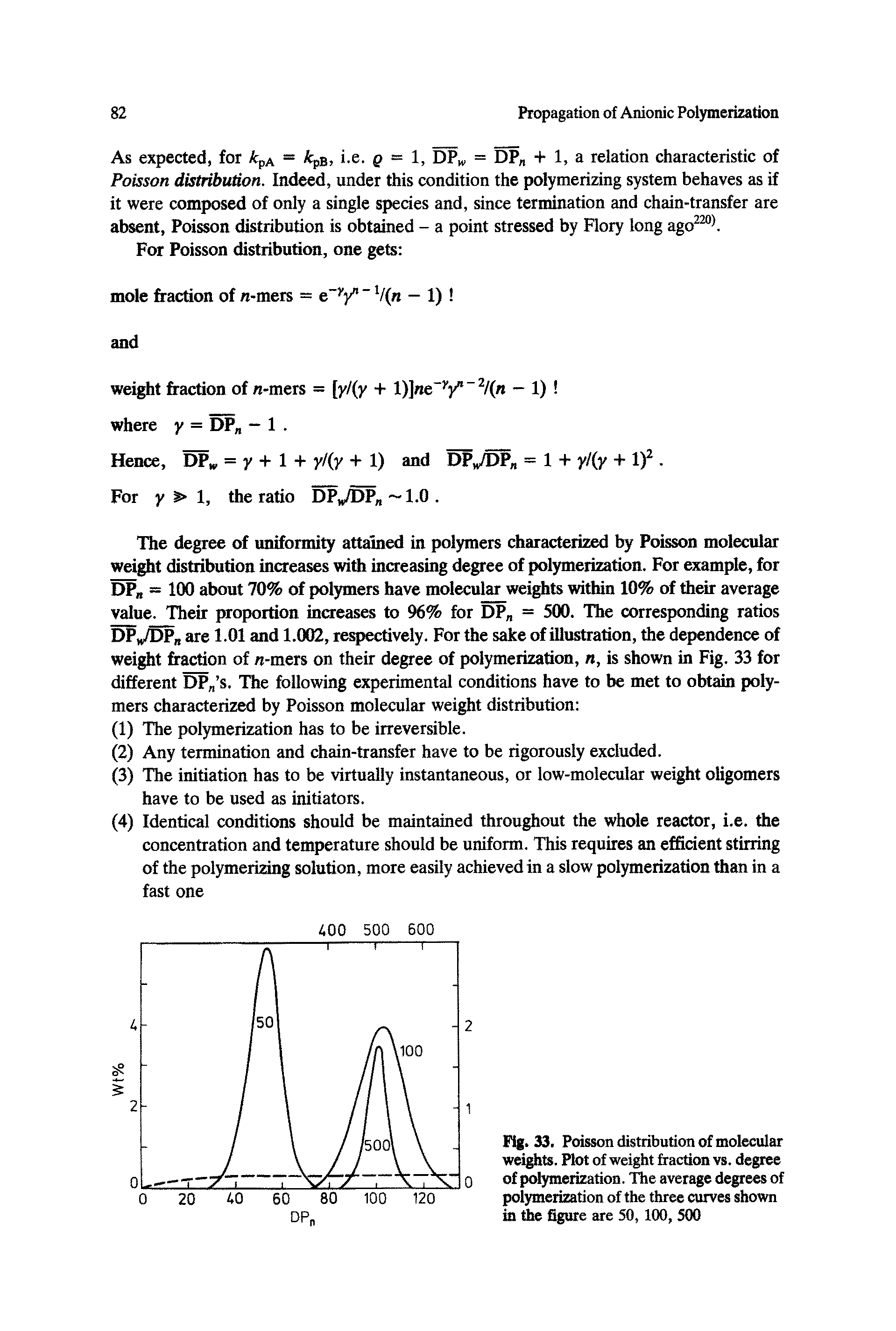 Fig. 33. Poisson distribution of molecular weights. Plot of weight fraction vs. degree of polymerization. The average degrees of polymerization of the three curves shown in die figure are 50,100, 500...
