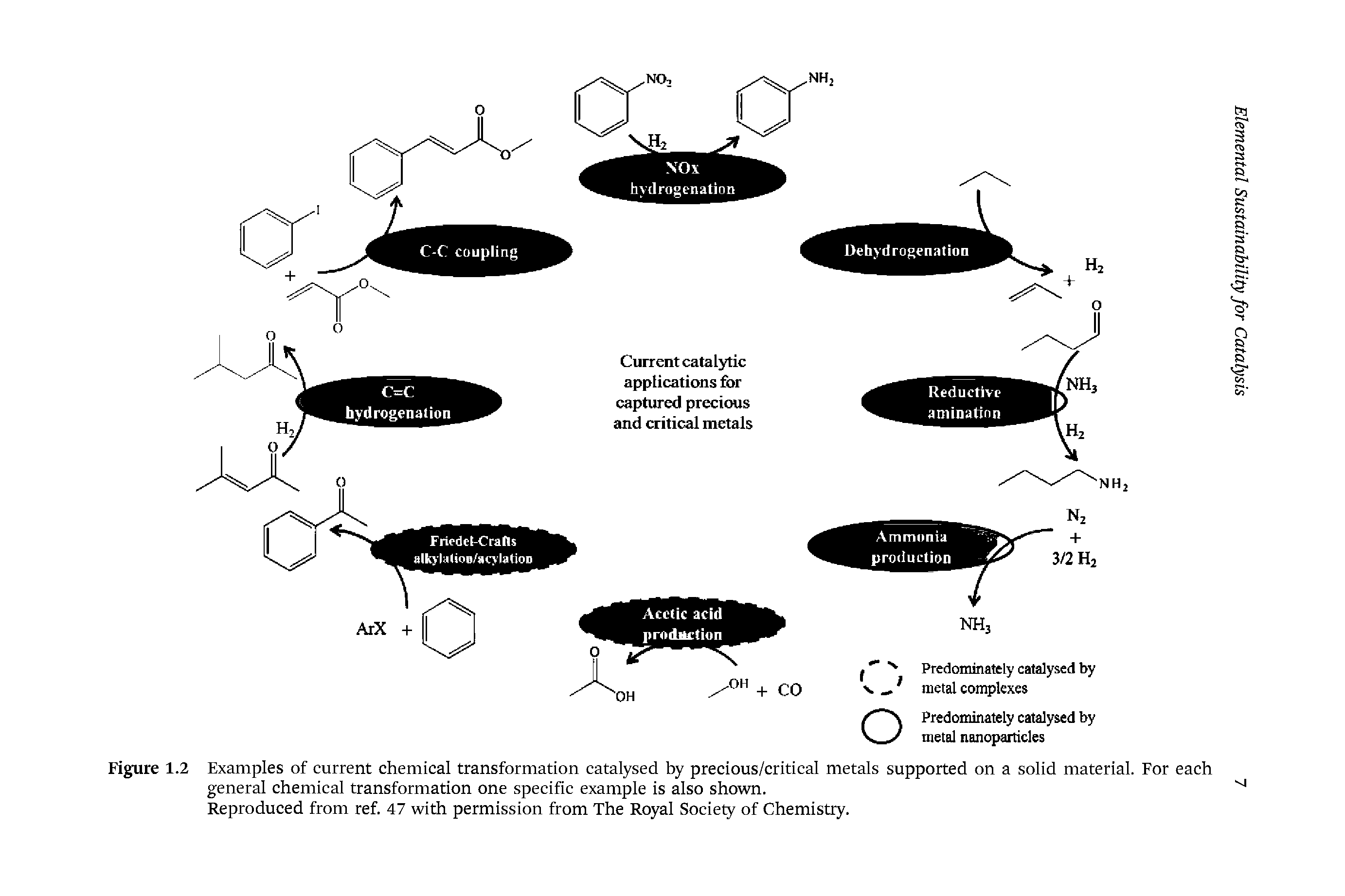 Figure 1.2 Examples of current chemical transformation catalysed by precious/critical metals supported on a solid material. For each general chemical transformation one specific example is also shown.