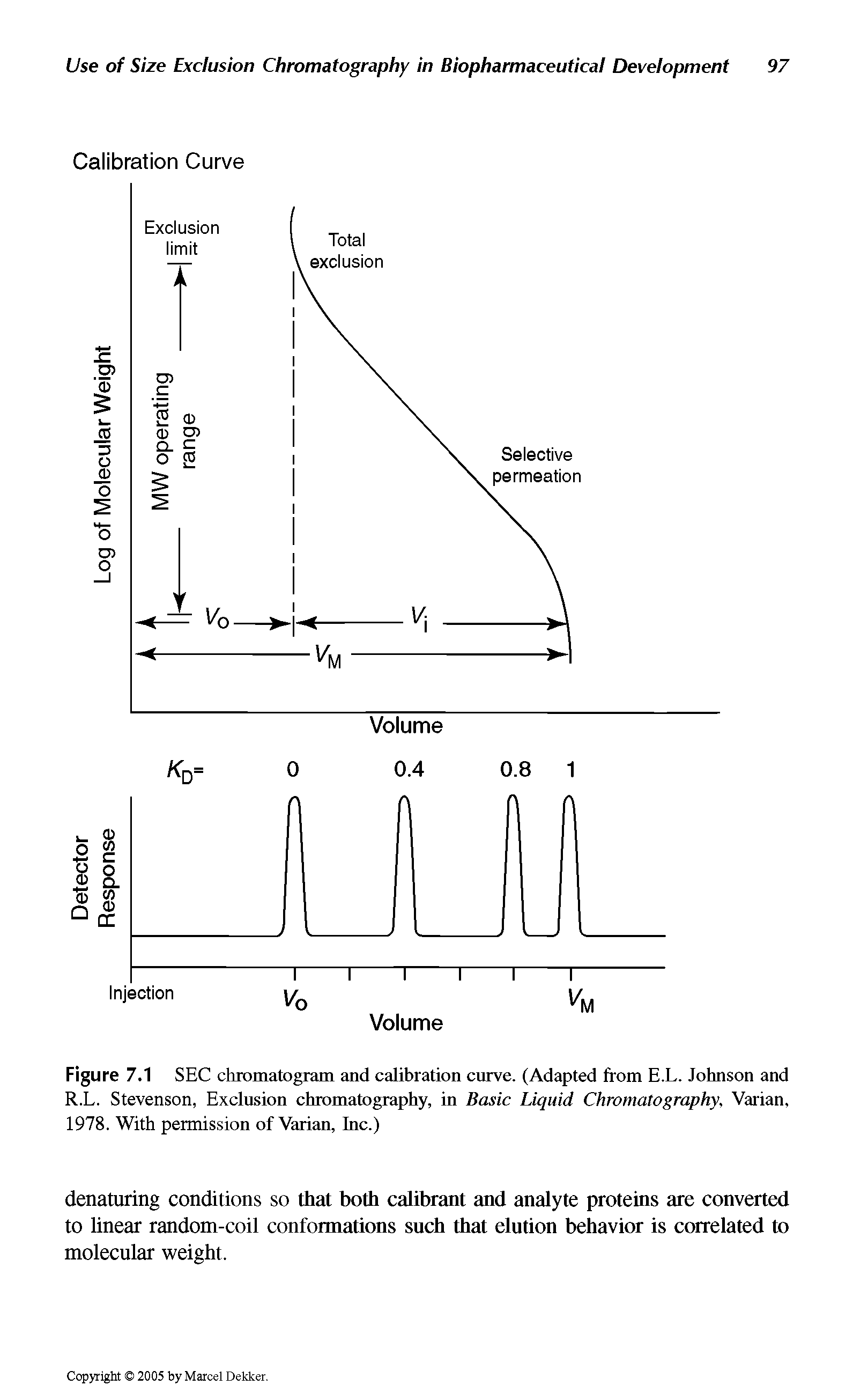 Figure 7.1 SEC chromatogram and calibration curve. (Adapted from E.L. Johnson and R.L. Stevenson, Exclusion chromatography, in Basic Liquid Chromatography, Varian, 1978. With permission of Varian, Inc.)...