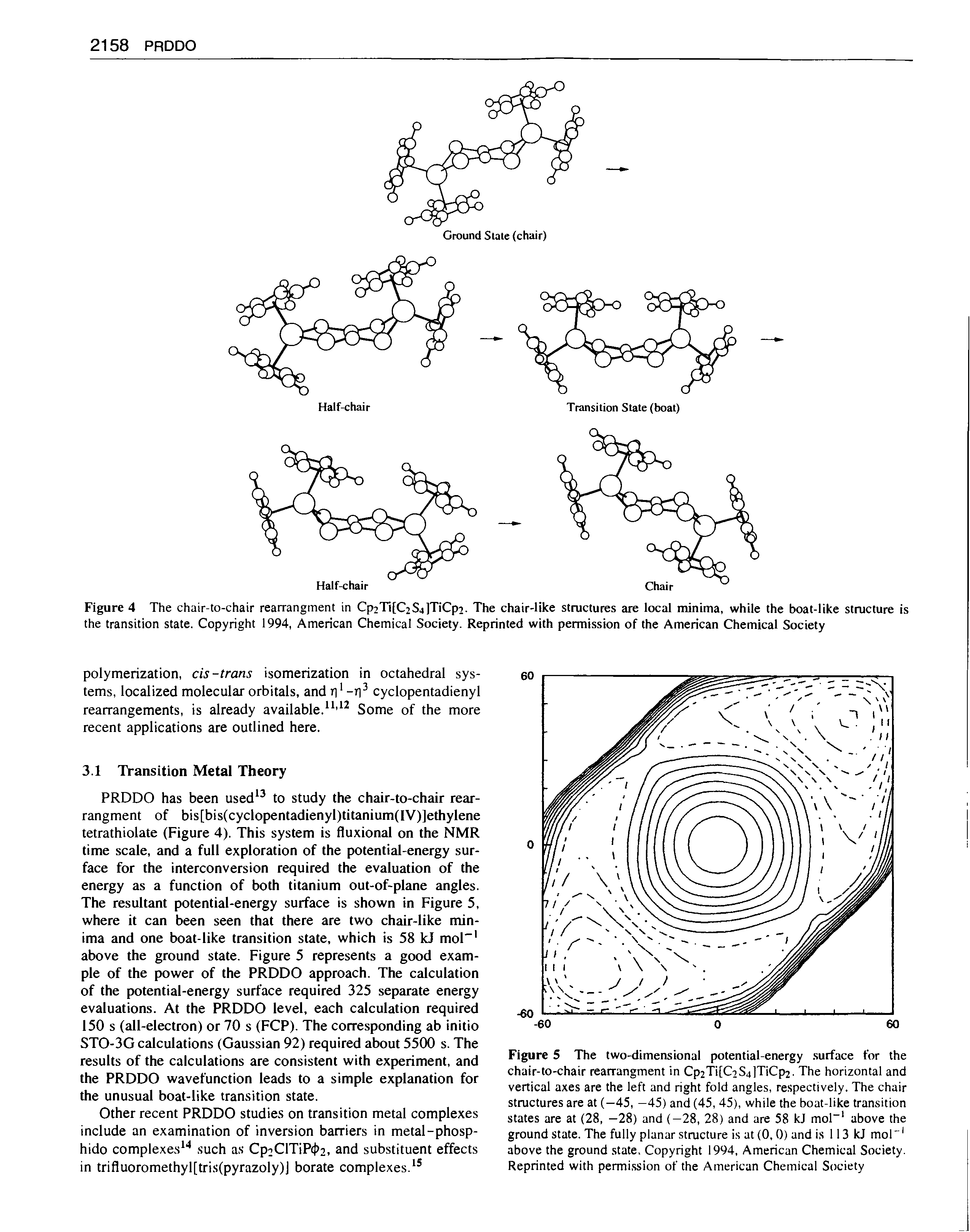 Figure 4 The chair-to-chair rearrangment in Cp2Ti[C2S4lTiCpi. The chair-like structures are local minima, while the boat-like structure is the transition state. Copyright 1994, American Chemical Society. Reprinted with permission of the American Chemical Society...