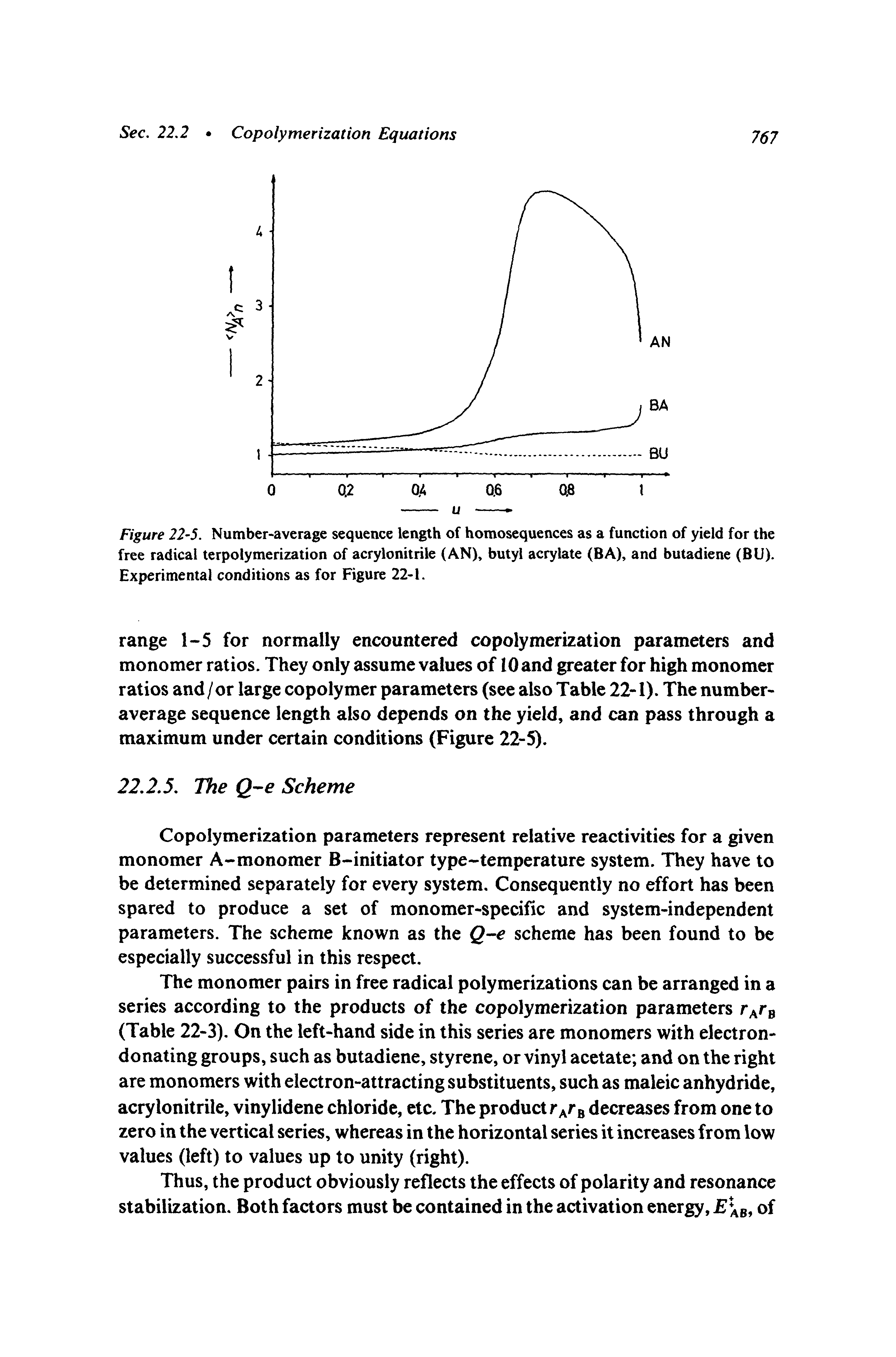 Figure 22-5. Number-average sequence length of homosequences as a function of yield for the free radical terpolymerization of acrylonitrile (AN) butyl acrylate (BA), and butadiene (BU). Experimental conditions as for Figure 22-1.