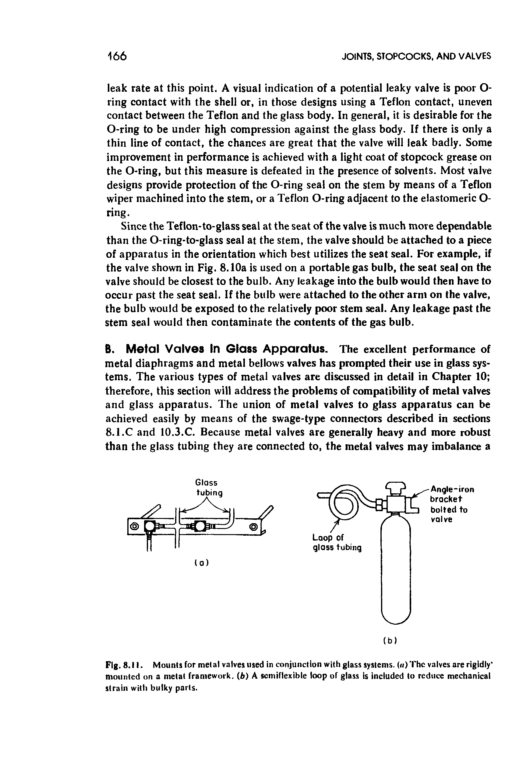 Fig.8.11. Mounts for metal valves used in conjunction with glass systems. (n)Thc valves are rigidly mounted on a metal framework. (6) A sciniflexible loop of glass is included to reduce mechanical strain with bulky parts.