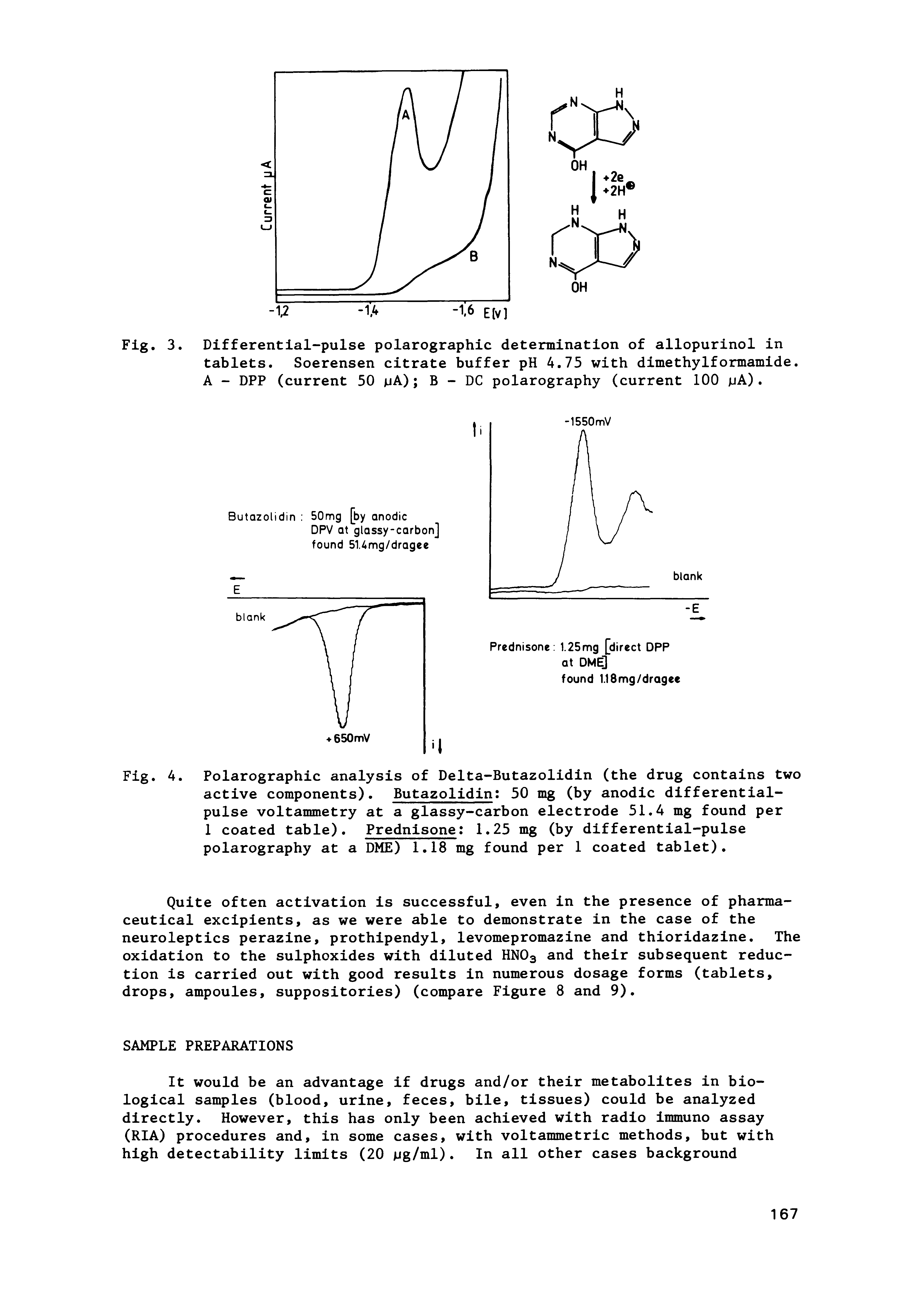 Fig. 4. Polarographic analysis of Delta-Butazolidin (the drug contains two active components). Butazolidin 50 mg (by anodic differential-pulse voltammetry at a glassy-carbon electrode 51.4 mg found per 1 coated table). Prednisone 1.25 mg (by differential-pulse polarography at a DME) 1,18 mg found per 1 coated tablet).