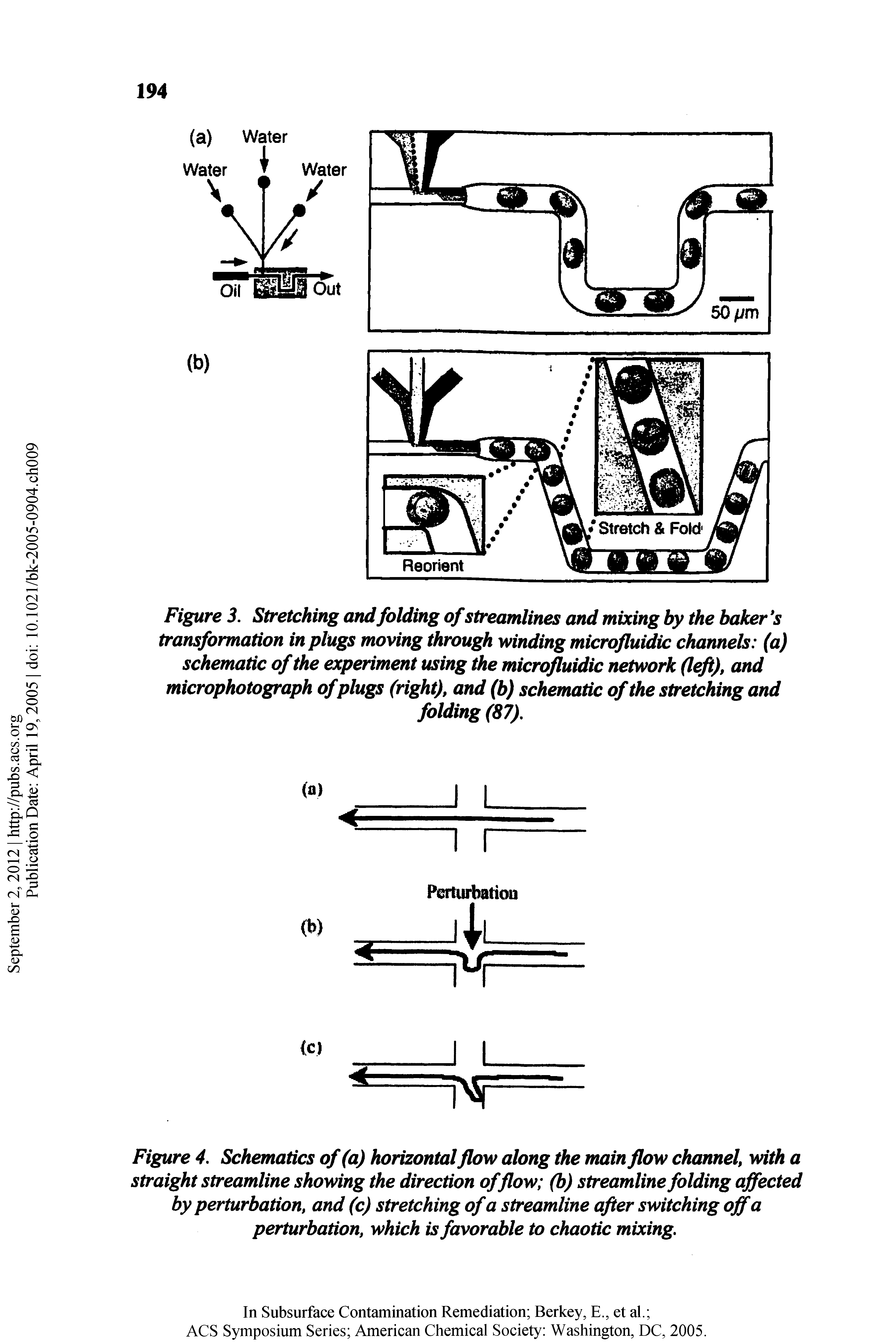 Figure 4, Schematics of (a) horizontal flow along the main flow channel, with a straight streamline showing the direction offlow (b) streamline folding affected by perturbation, and (c) stretching of a streamline after switching off a perturbation, which is favorable to chaotic mixing.