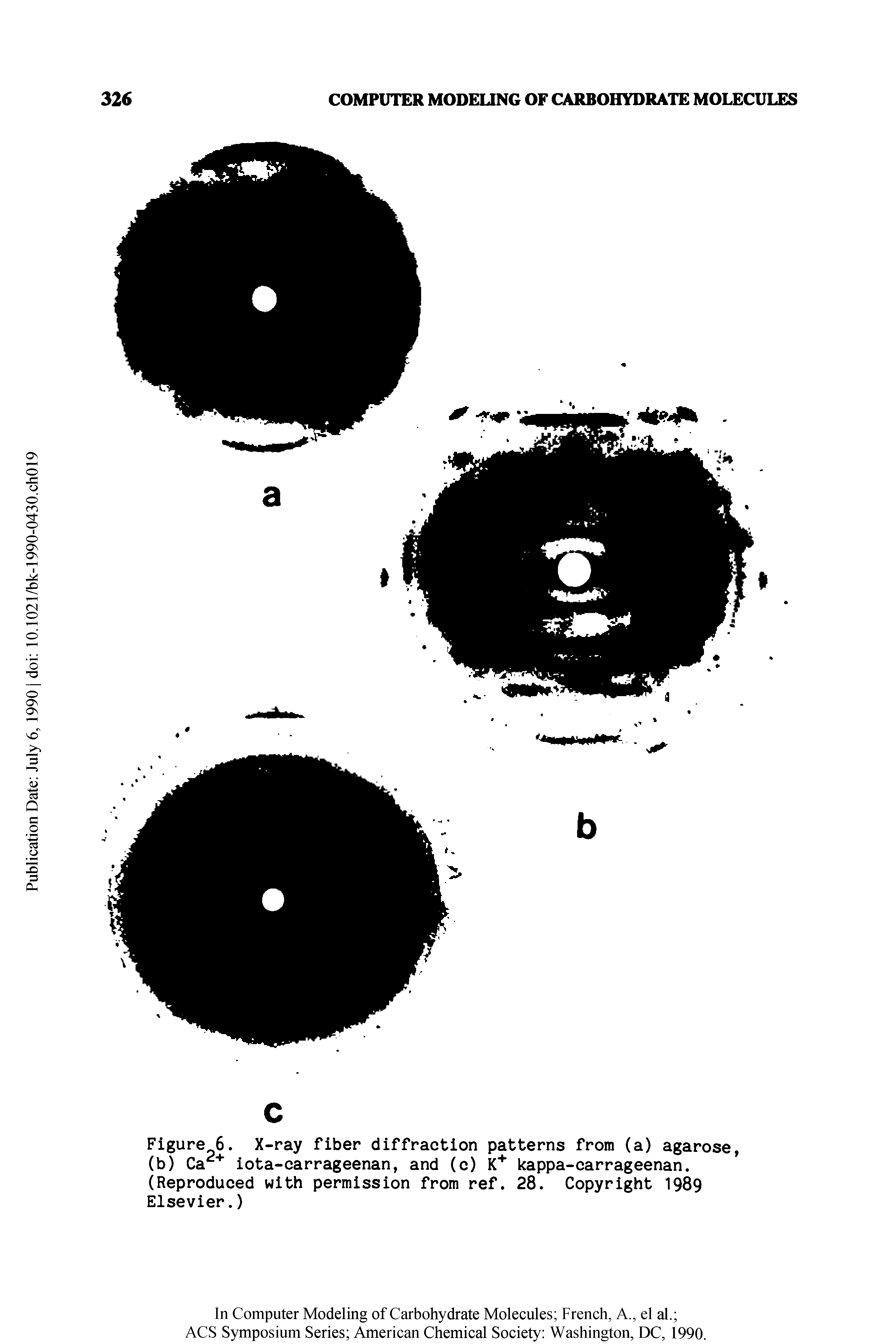 Figure 6. X-ray fiber diffraction patterns from (a) agarose, (b) Ca " iota-carrageenan, and (c) K " kappa-carrageenan. (Reproduced with permission from ref. 28. Copyright 1989 Elsevier.)...