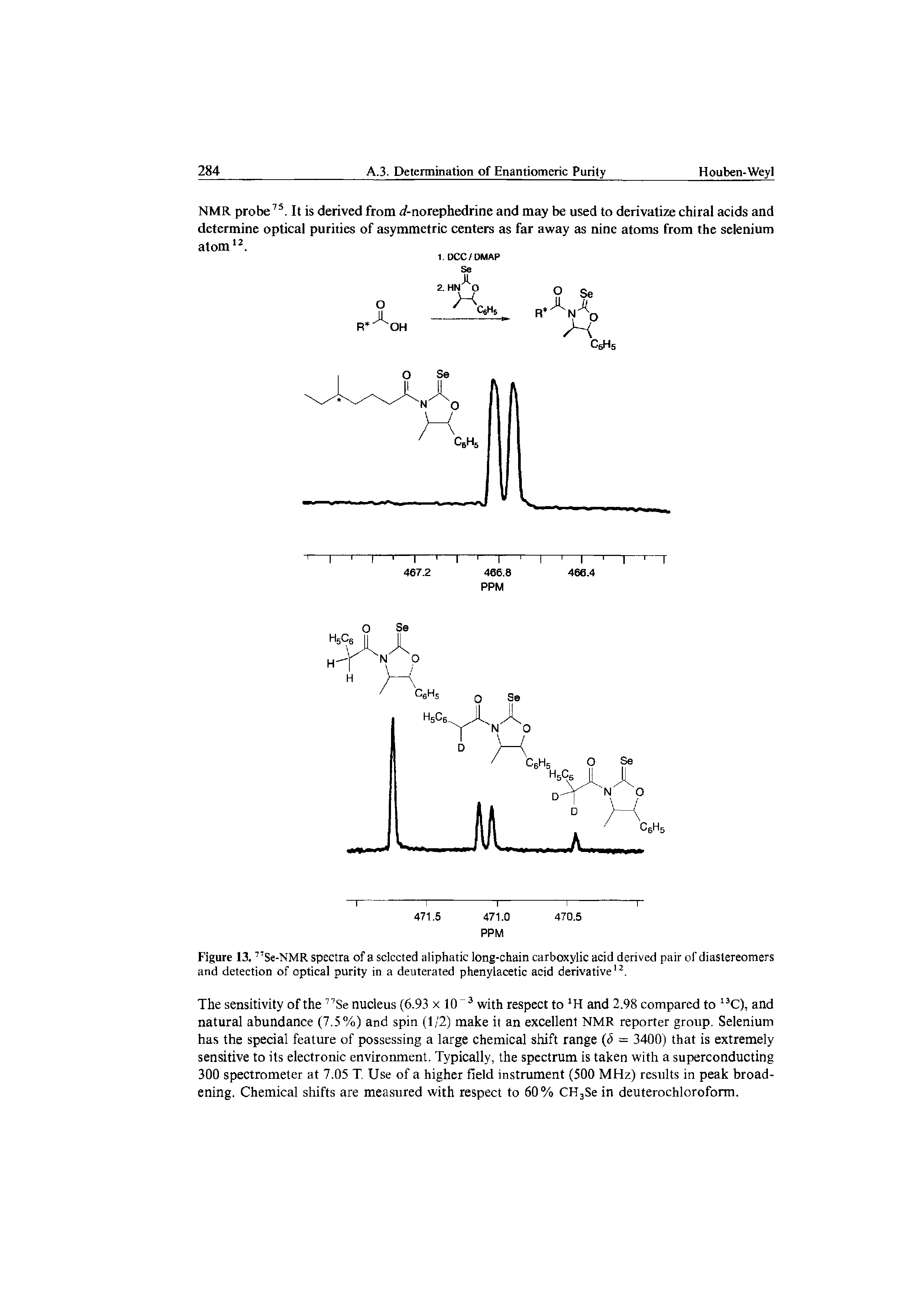 Figure 13.77Se-NMR spectra of a selected aliphatic long-chain carboxylic acid derived pair of diaslereomers and detection of optical purity in a deuterated phenylacetic acid derivative12.