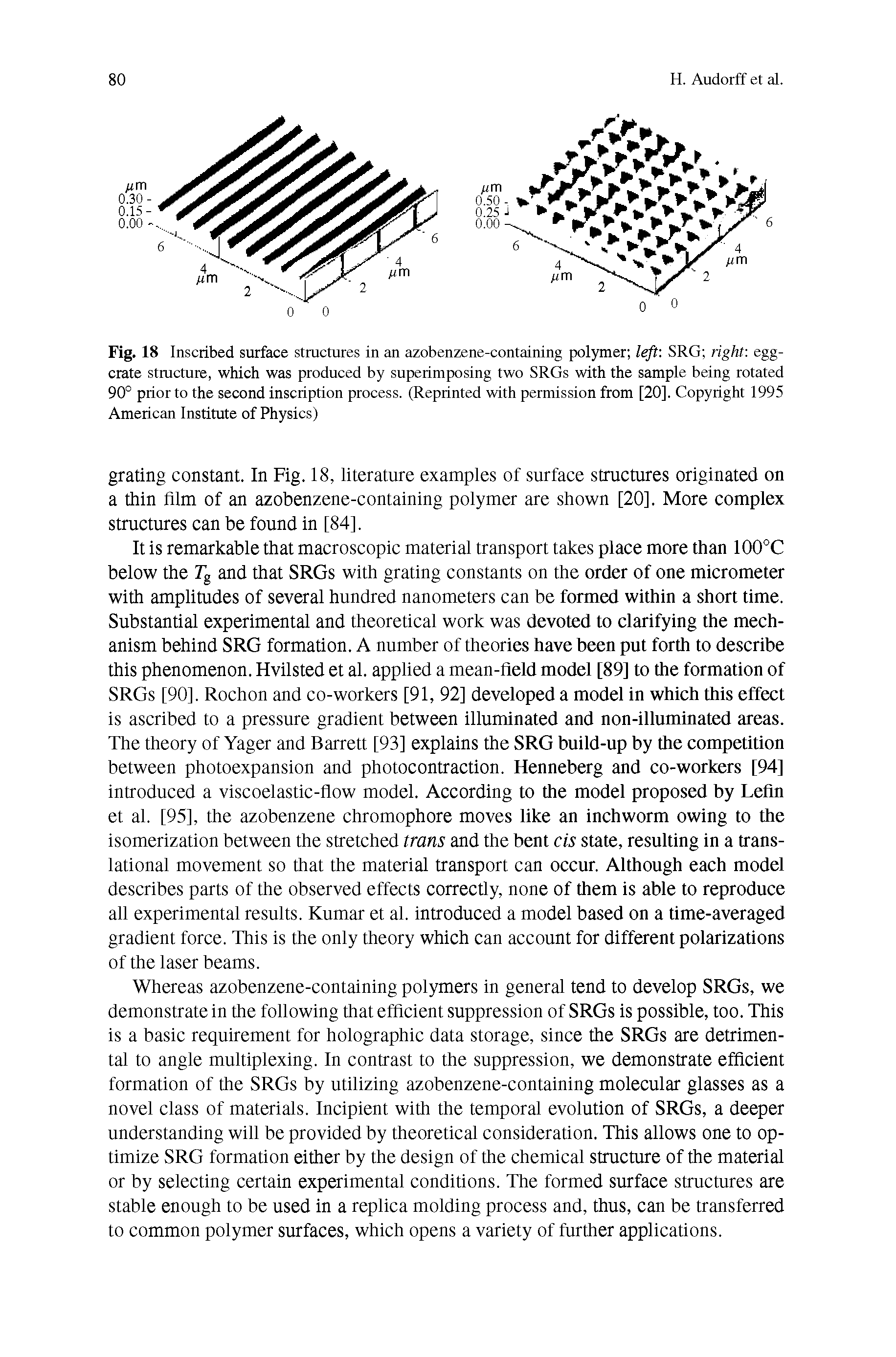 Fig. 18 Inscribed surface structures in an azobenzene-containing polymer left SRG right egg-crate structure, which was produced by superimposing two SRGs with the sample being rotated 90° prior to the second inscription process. (Reprinted with permission from [20]. Copyright 1995 American Institute of Physics)...