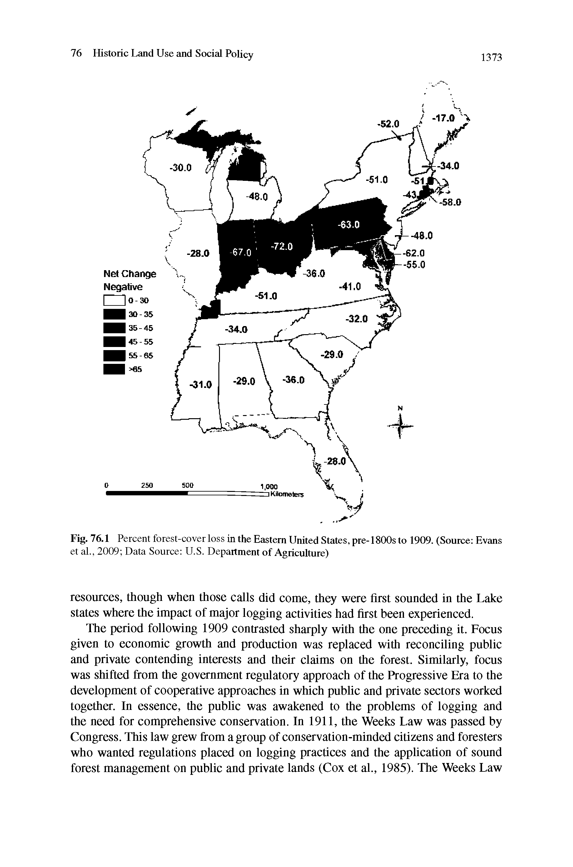 Fig. 76.1 Percent forest-cover loss in the Eastern United States, pre-1800s to 1909. (Source Evans et al., 2009 Data Source U.S. Department of Agriculture)...