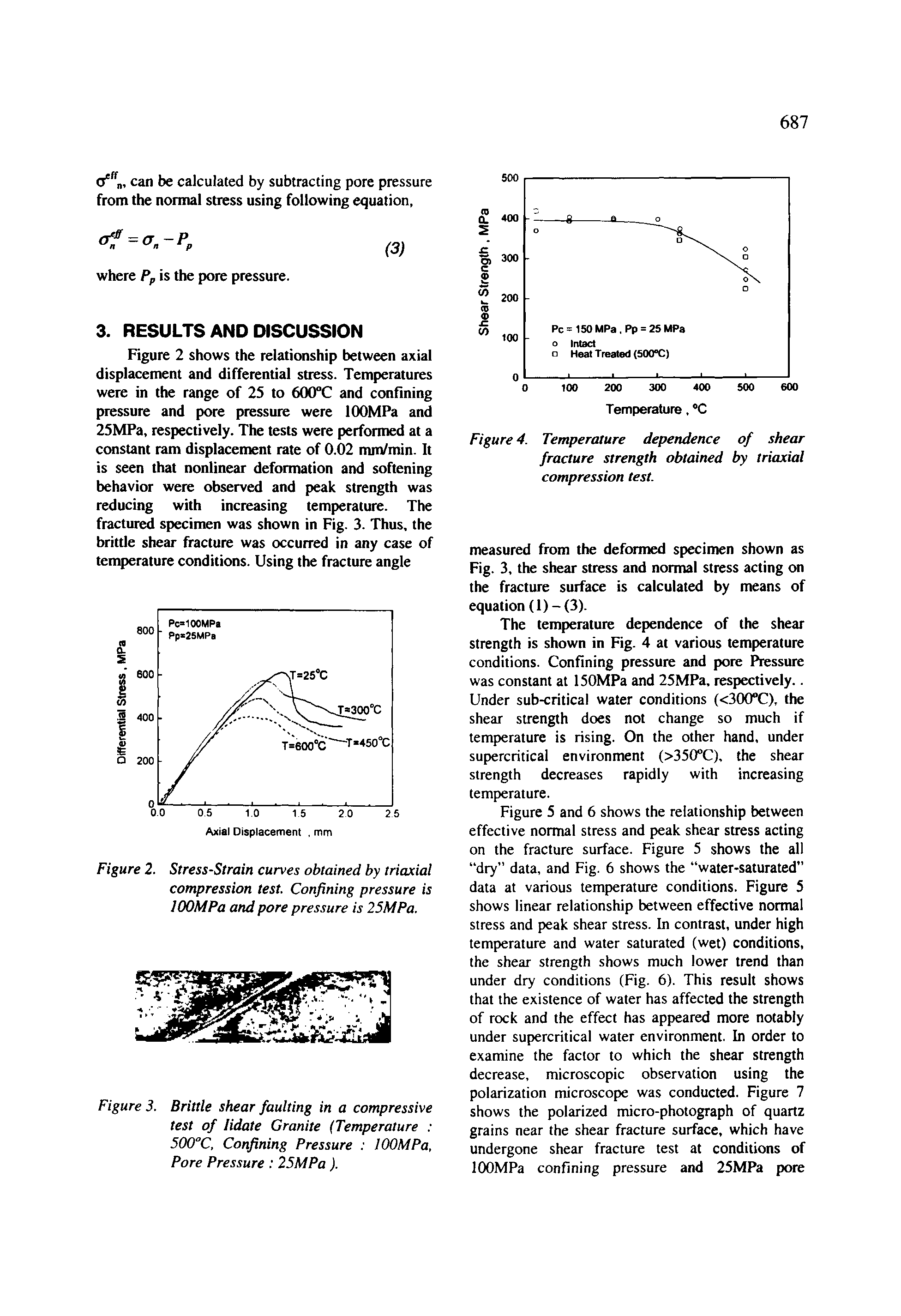 Figure 2 shows the relationship between axial displacement and differential stress. Temperatures were in the range of 25 to 600°C and confining pressure and pore pressure were lOOMPa and 25MPa, respectively. The tests were performed at a constant ram displacement rate of 0.02 mm/min. It is seen that nonlinear deformation and softening behavior were observed and peak strength was reducing with increasing temperature. The fractured specimen was shown in Fig. 3. Thus, the brittle shear fracture was occurred in any case of temperature conditions. Using the fracture angle...