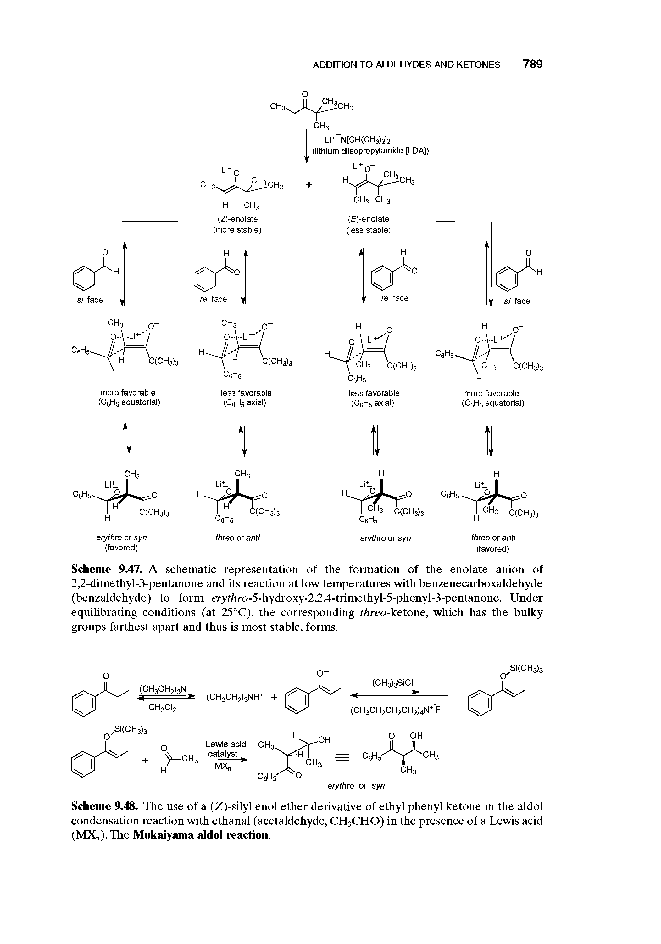 Scheme 9.48. The use of a (Z)-silyl enol ether derivative of ethyl phenyl ketone in the aldol condensation reaction with ethanal (acetaldehyde, CH3CHO) in the presence of a Lewis acid (MXn). The Miikaiyama aldol reaction.