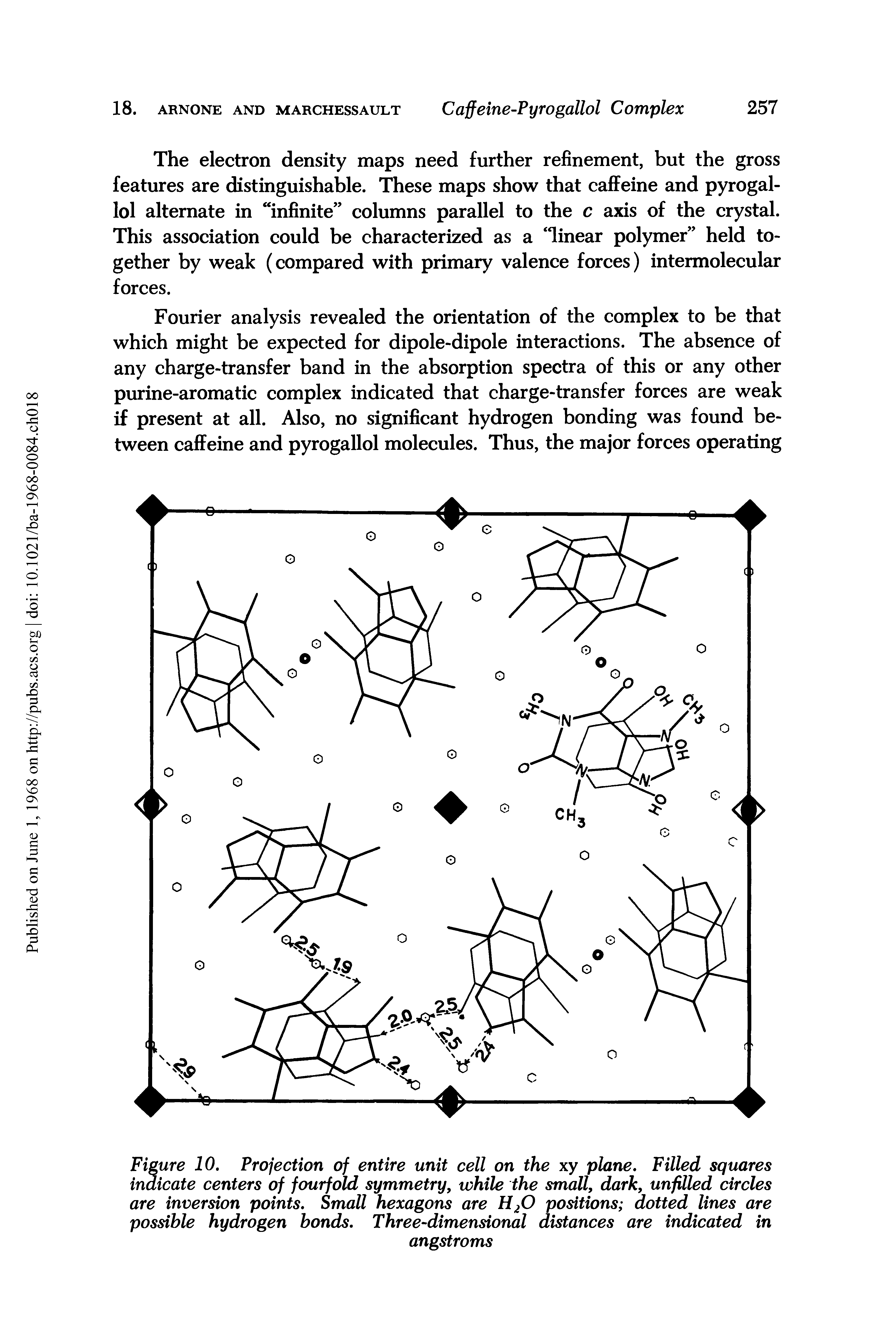 Figure 10. Projection of entire unit cell on the xy plane. Filled squares indicate centers of fourfold symmetry, while the small, dark, unfilled circles are inversion points. Small hexagons are H20 positions dotted lines are possible hydrogen bonds. Three-dimensional distances are indicated in...