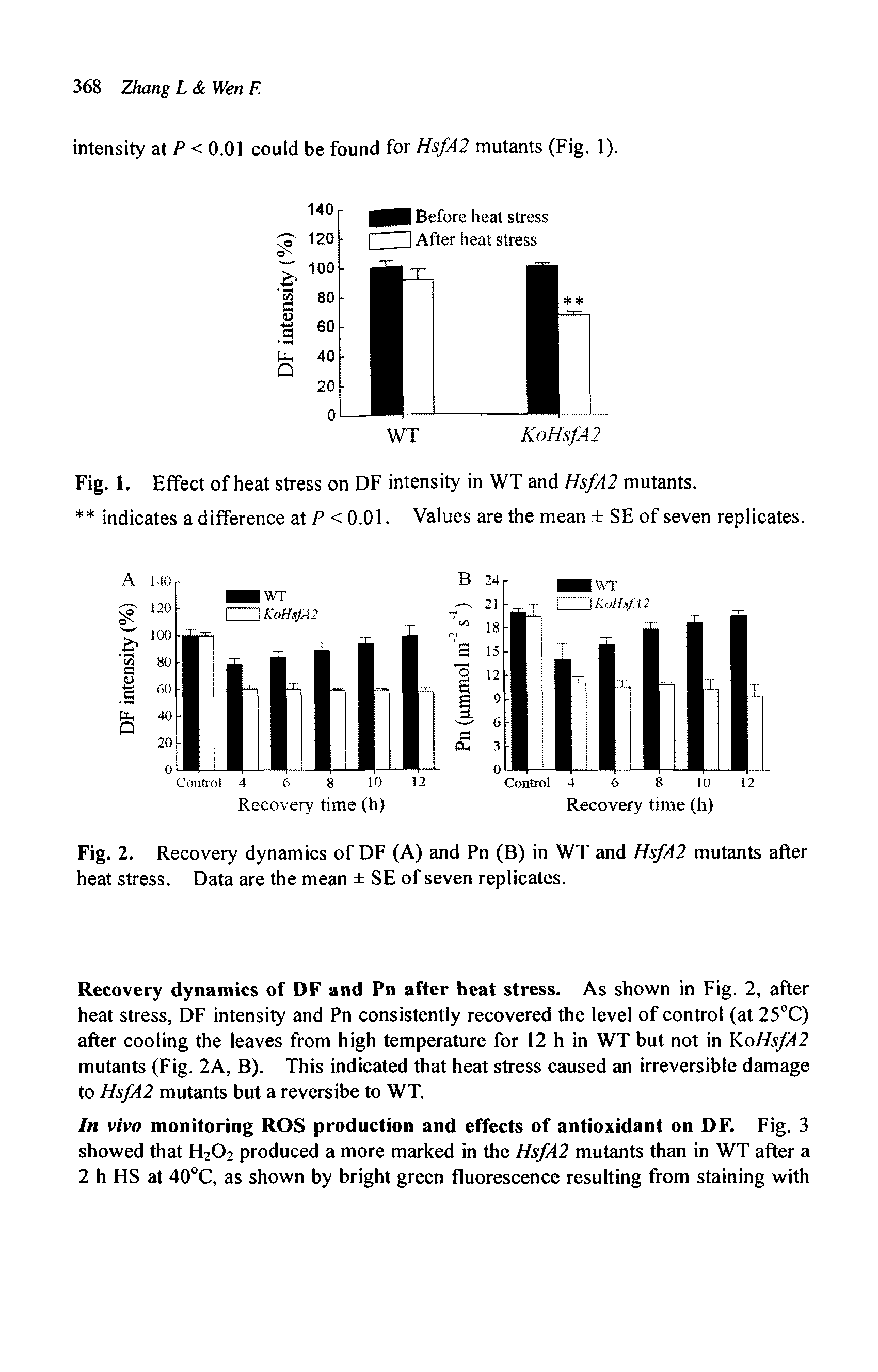 Fig. 1. Effect of heat stress on DF intensity in WT and HsfA2 mutants.