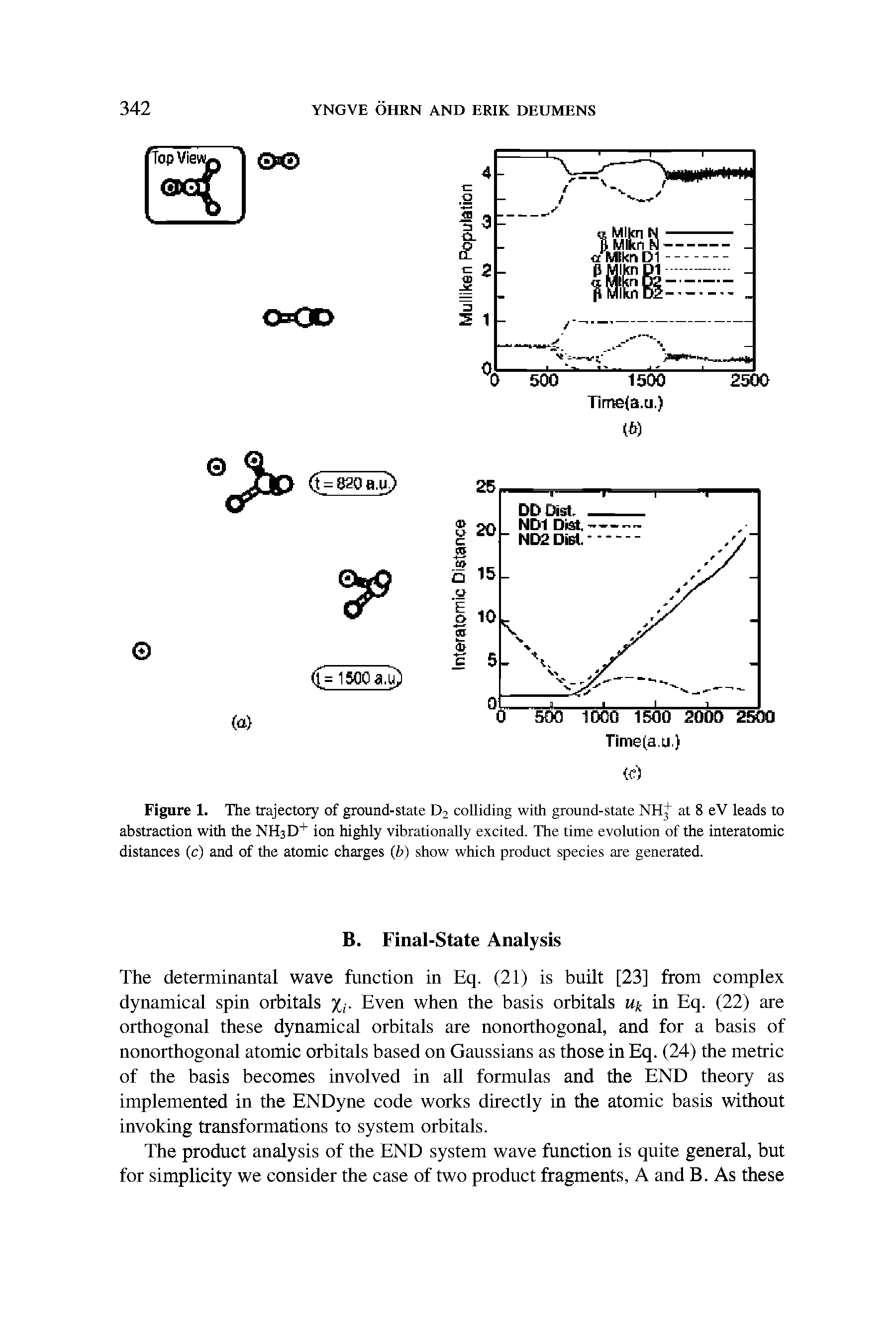 Figure 1. The trajectory of ground-state D2 colliding with ground-state NHj" at 8 eV leads to abstraction with the NHsD+ ion highly vibrationally excited. The time evolution of the interatomic distances (c) and of the atomic charges (b) show which product species are generated.