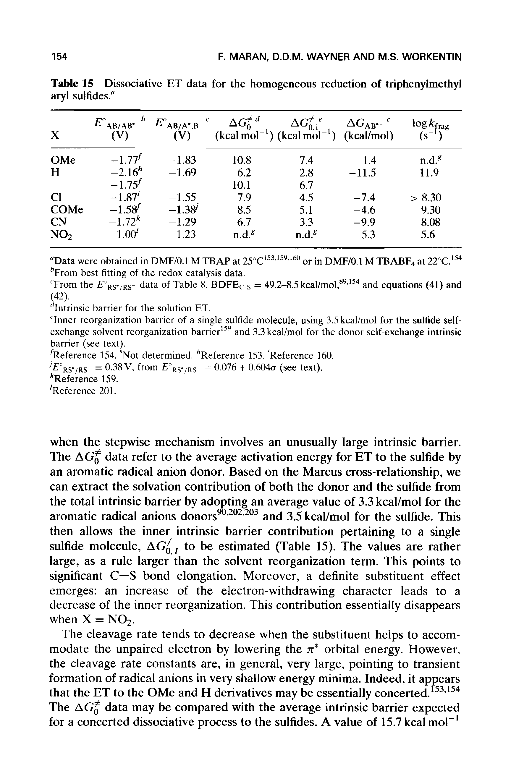 Table 15 Dissociative ET data for the homogeneous reduction of triphenylmethyl aryl sulfides."...