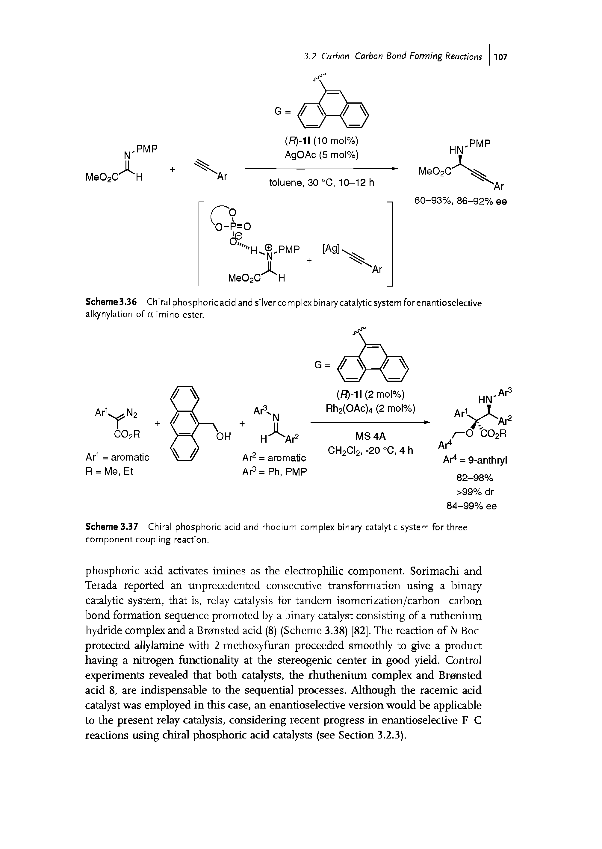 Scheme 3.37 Chiral phosphoric acid and rhodium complex binary catalytic system for three component coupling reaction.
