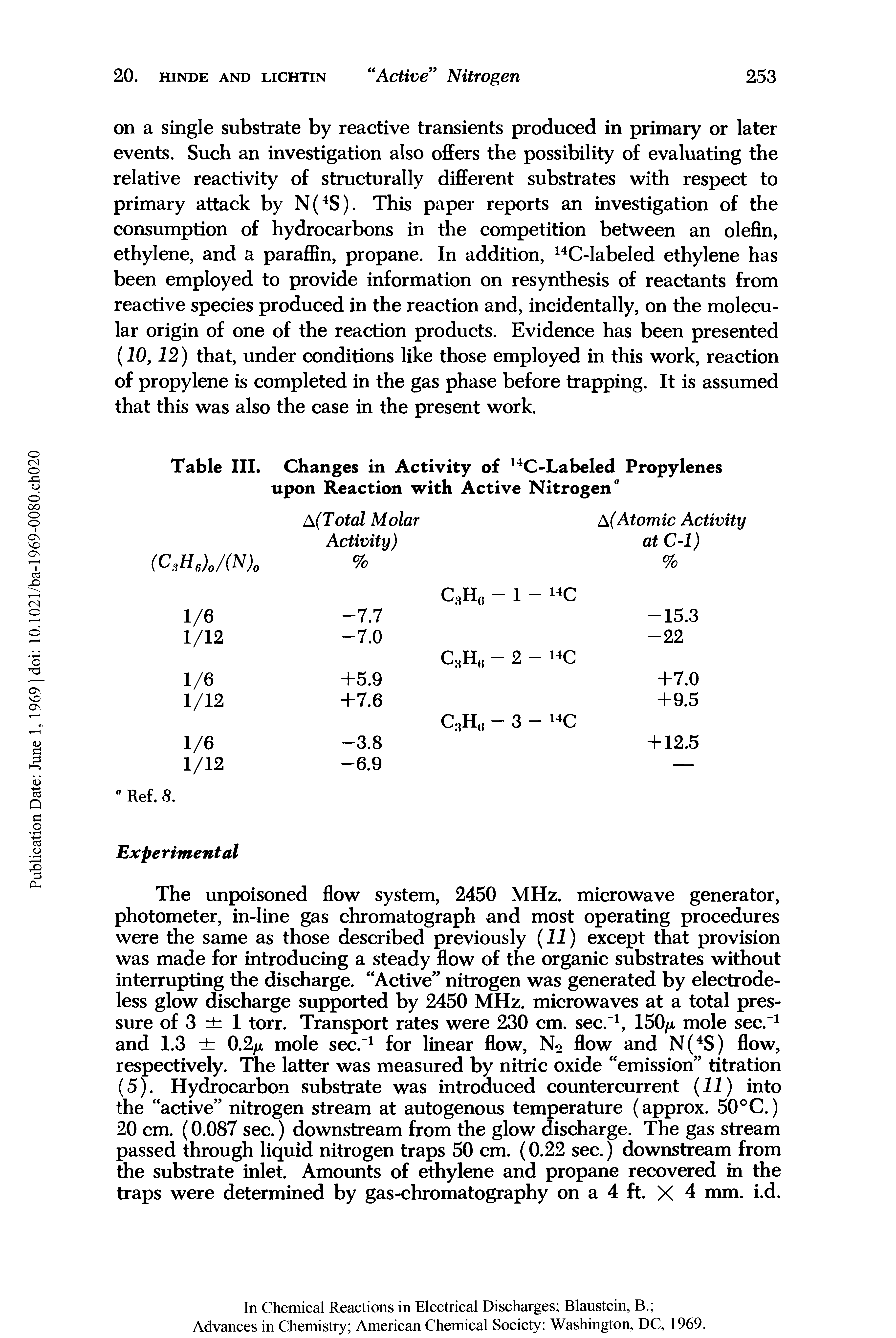 Table III. Changes in Activity of 14C-Labeled Propylenes upon Reaction with Active Nitrogen ...