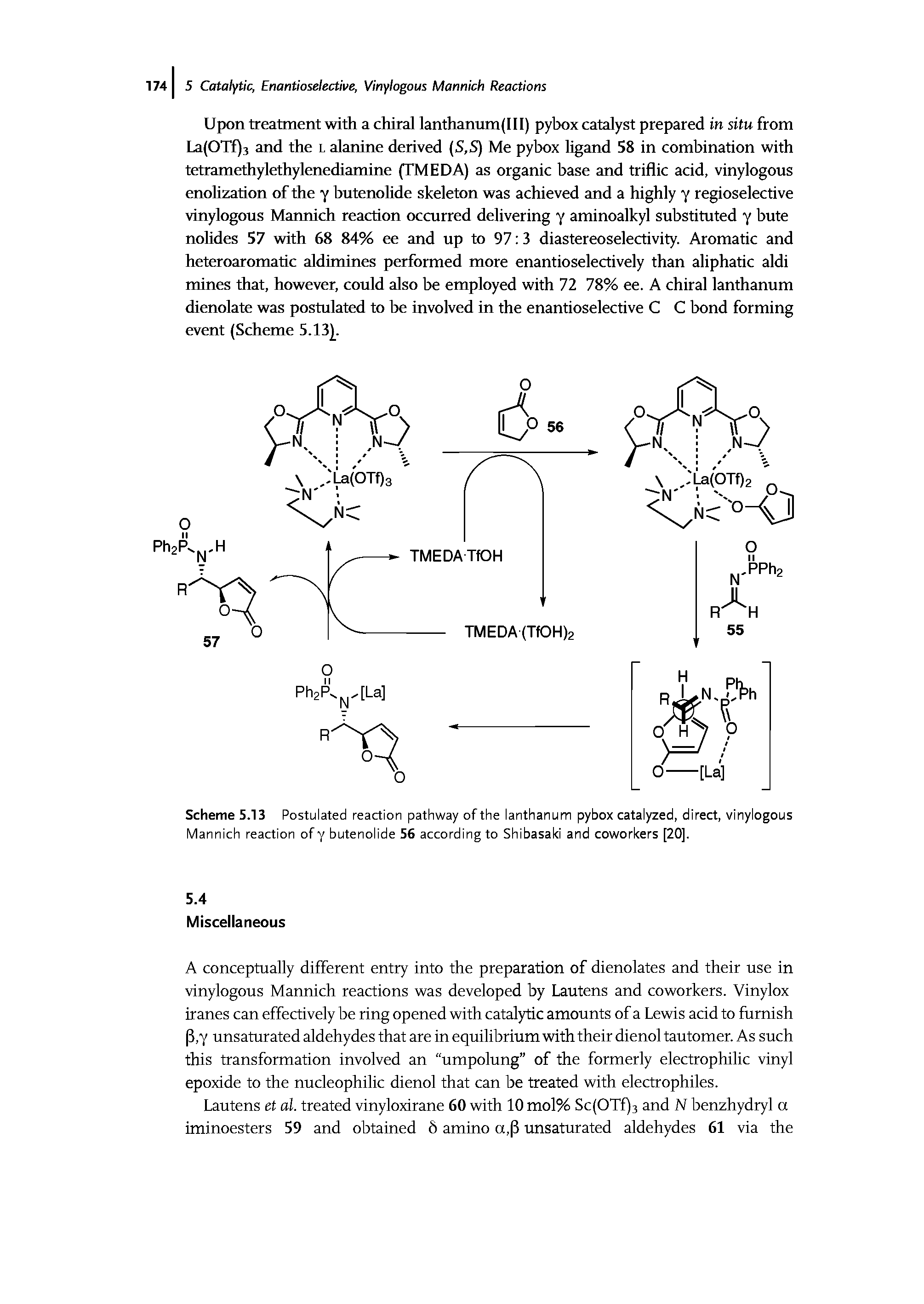 Scheme 5.13 Postulated reaction pathway of the lanthanum pybox catalyzed, direct, vinylogous Mannich reaction of y butenolide 56 according to Shibasaki and coworkers [20].