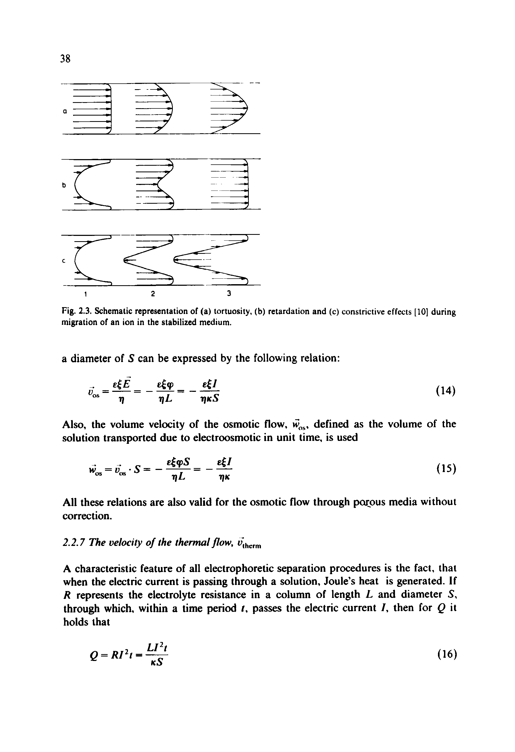 Fig. 2.3. Schematic representation of (a) tortuosity, (b) retardation and (c) constrictive effects [10] during migration of an ion in the stabilized medium.