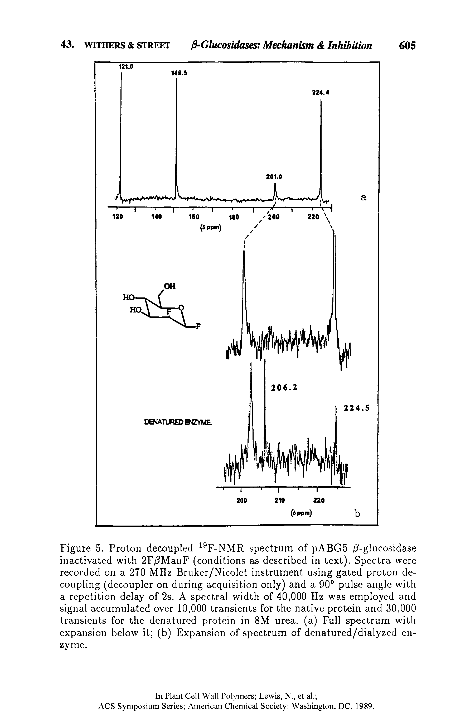 Figure 5. Proton decoupled 19F-NMR spectrum of pABG5 / -glucosidase inactivated with 2F/ ManF (conditions as described in text). Spectra were recorded on a 270 MHz Bruker/Nicolet instrument using gated proton decoupling (decoupler on during acquisition only) and a 90° pulse angle with a repetition delay of 2s. A spectral width of 40,000 Hz was employed and signal accumulated over 10,000 transients for the native protein and 30,000 transients for the denatured protein in 8M urea, (a) Full spectrum with expansion below it (b) Expansion of spectrum of denatured/dialyzed enzyme.