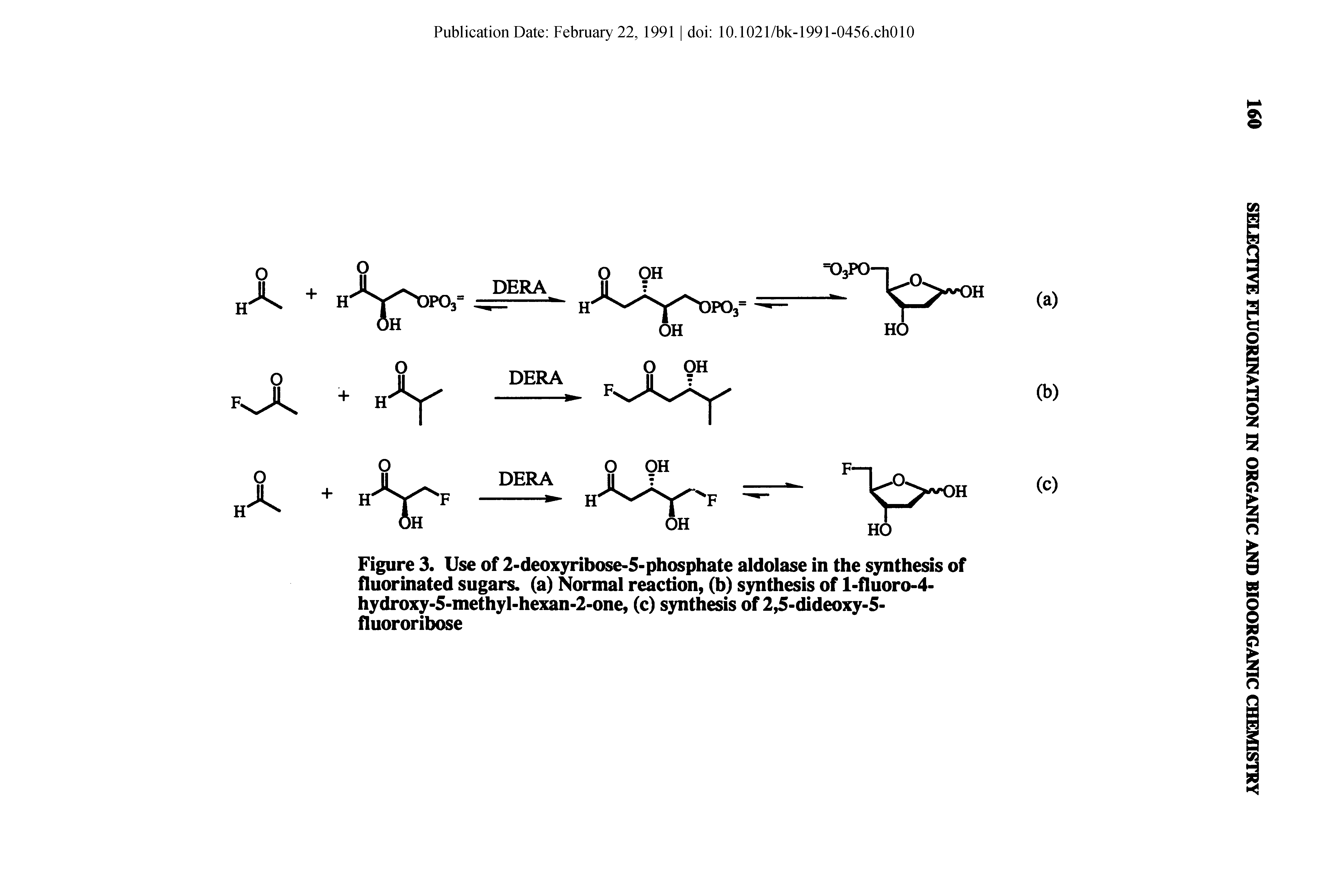 Figure 3. Use of 2-deoxyribose-5-phosphate aldolase in the synthesis of fluorinated sugars, (a) Normal reaction, (b) synthesis of l-fluoro-4-hydroxy-5-methyl-hexan-2-one, (c) synthesis of 2,5-dideoxy-5-fluororibose...