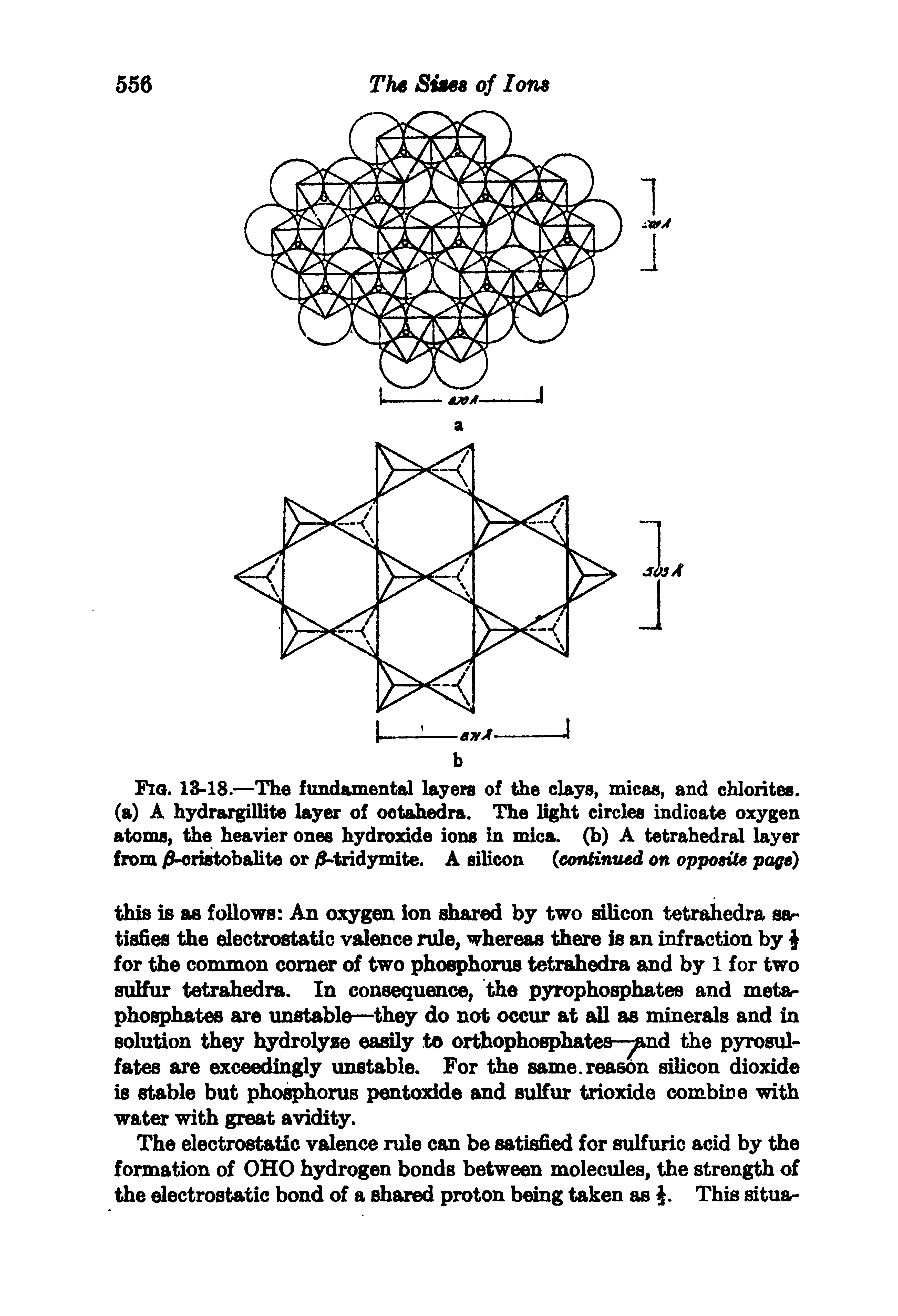 Fig. 13-18.—The fundamental layers of the clays, micas, and chlorites, (a) A hydrargillite layer of ootahedra. The light circles indicate oxygen atoms, the heavier ones hydroxide ions in mica, (b) A tetrahedral layer from /9-eristobalite or / -tridymite. A silicon (continued on opposite page)...