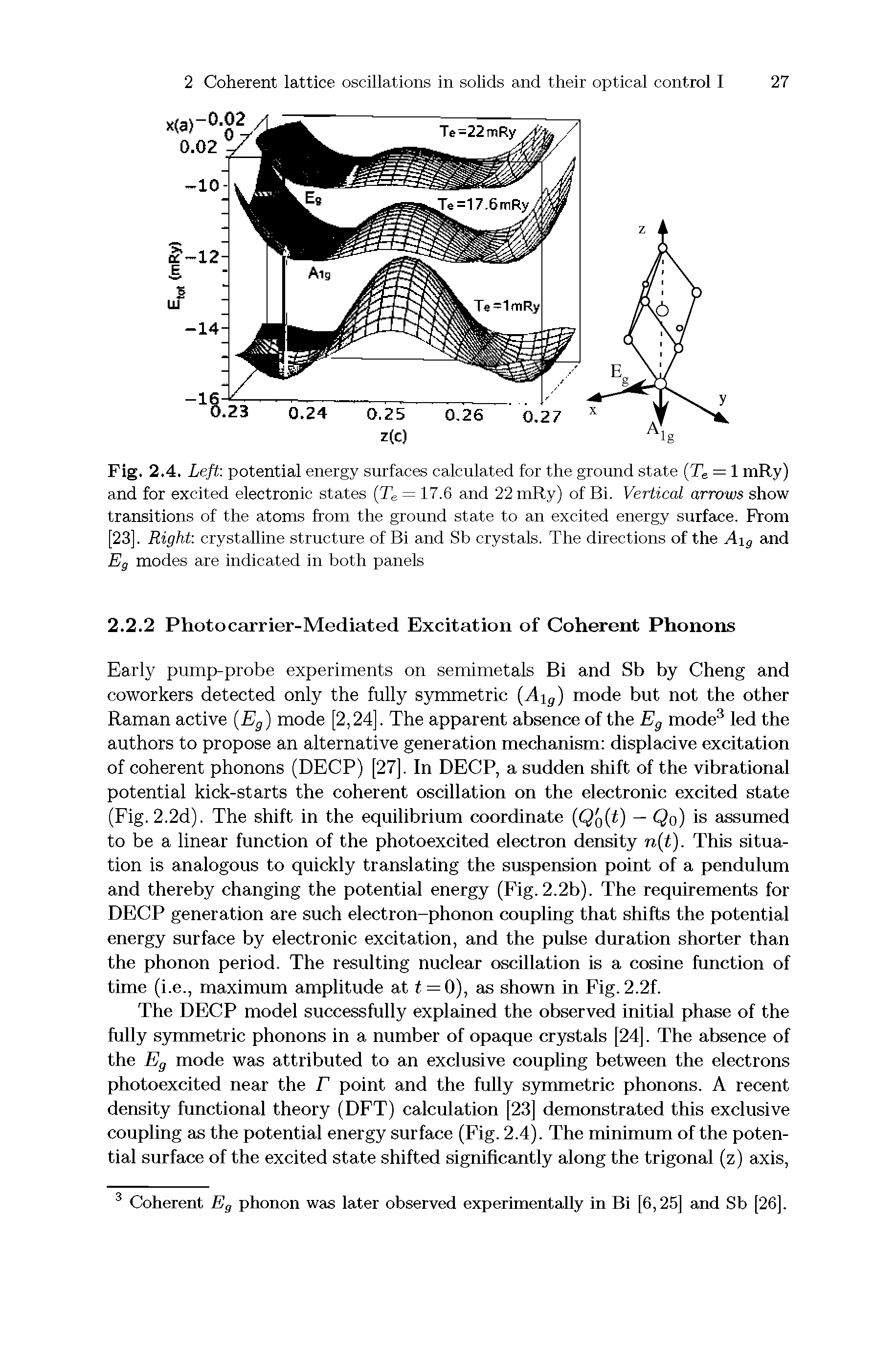 Fig. 2.4. Left potential energy surfaces calculated for the ground state (Te = 1 mRy) and for excited electronic states (Te = 17.6 and 22 mRy) of Bi. Vertical arrows show transitions of the atoms from the ground state to an excited energy surface. From [23], Right crystalline structure of Bi and Sb crystals. The directions of the Aig and Eg modes are indicated in both panels...