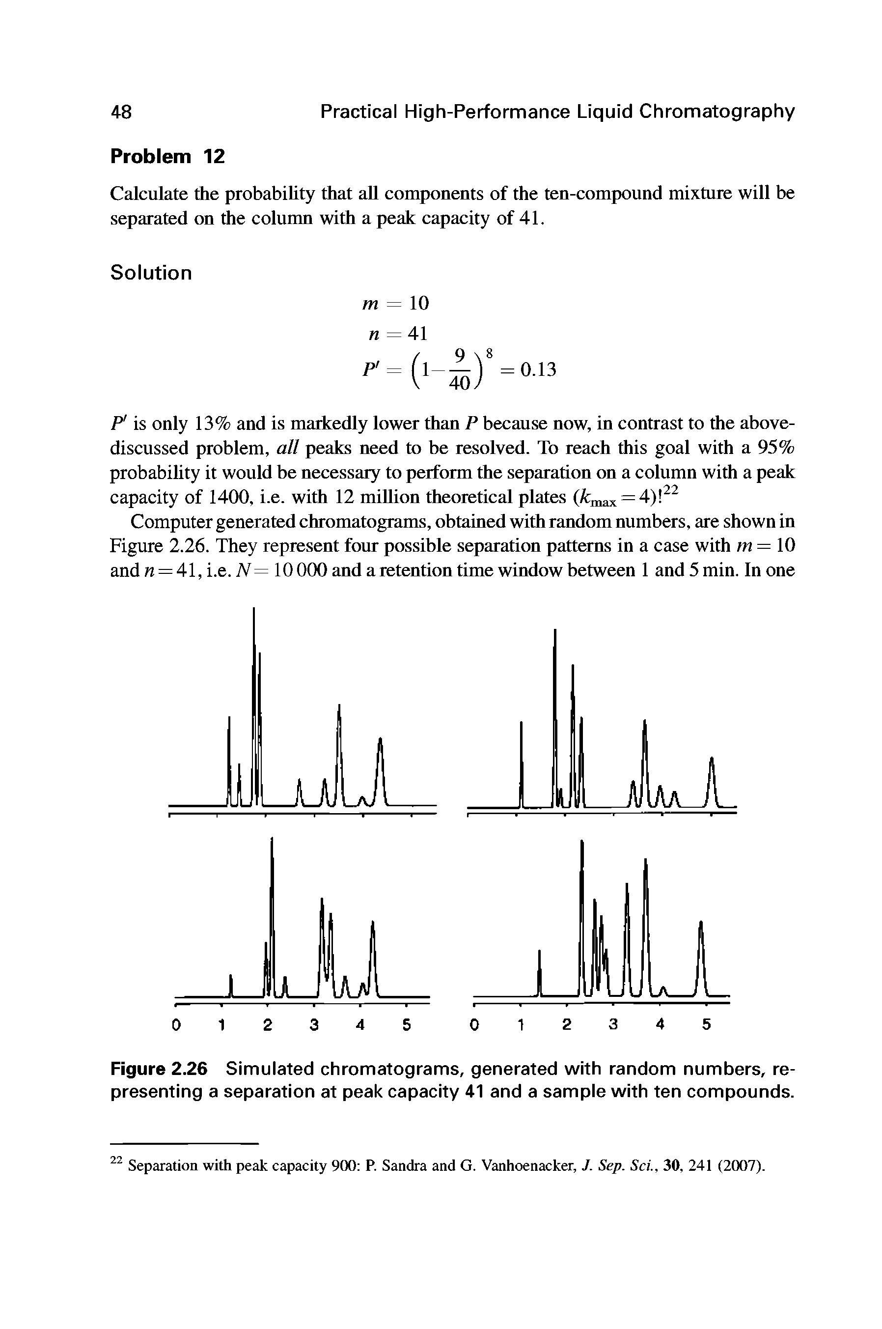 Figure 2.26 Simulated chromatograms, generated with random numbers, representing a separation at peak capacity 41 and a sample with ten compounds.