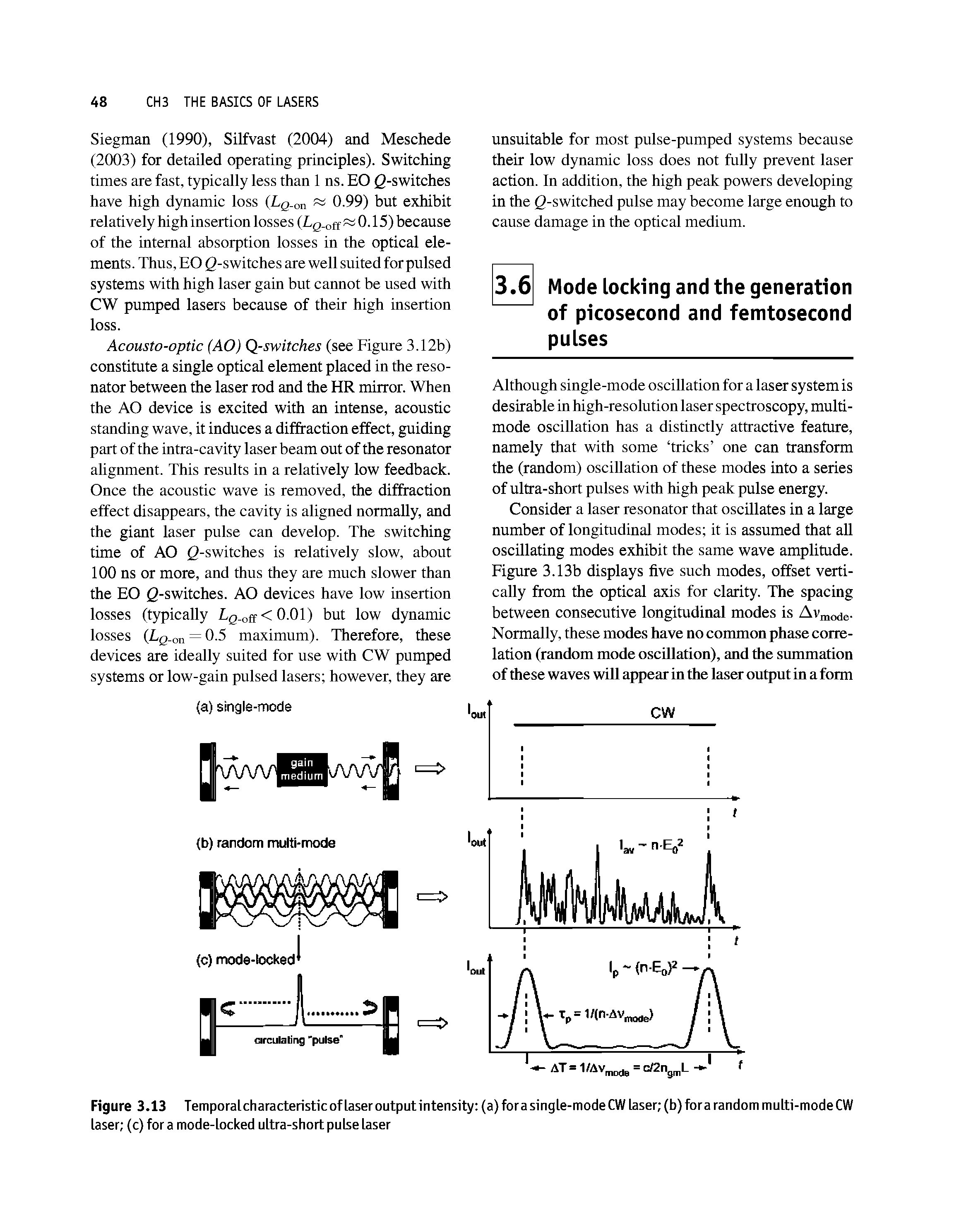 Figure 3.13 Temporalcharacteristic of laser output intensity (a) fora single-modeCW laser (b) fora random multi-modeCW laser (c) for a mode-locked ultra-short pulse laser...