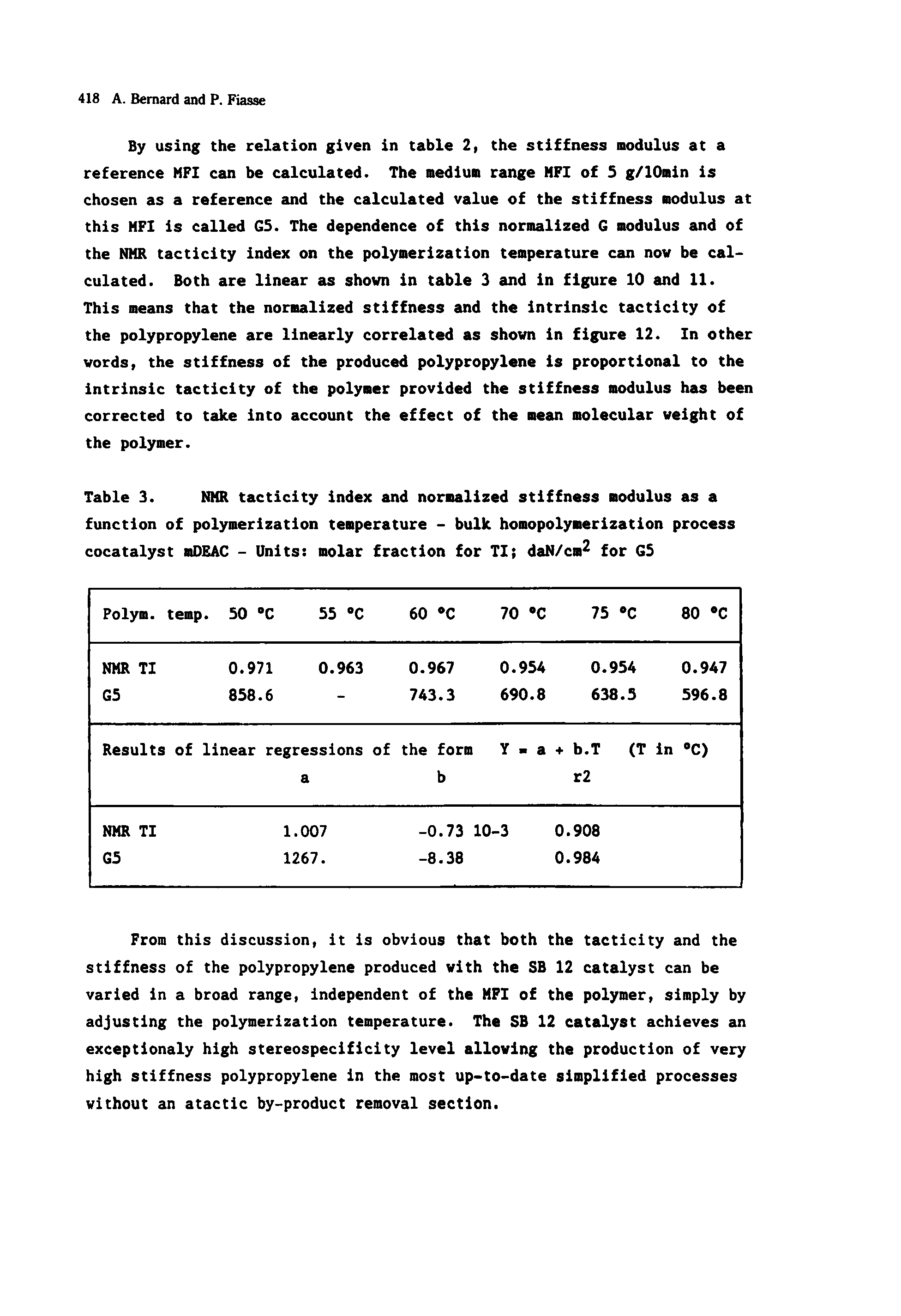 Table 3. NNR tacticity index and normalized stiffness modulus as a function of polymerization temperature - bulk homopolynerization process cocatalyst mOEAC - Units molar fraction for TI daN/cn for 65...