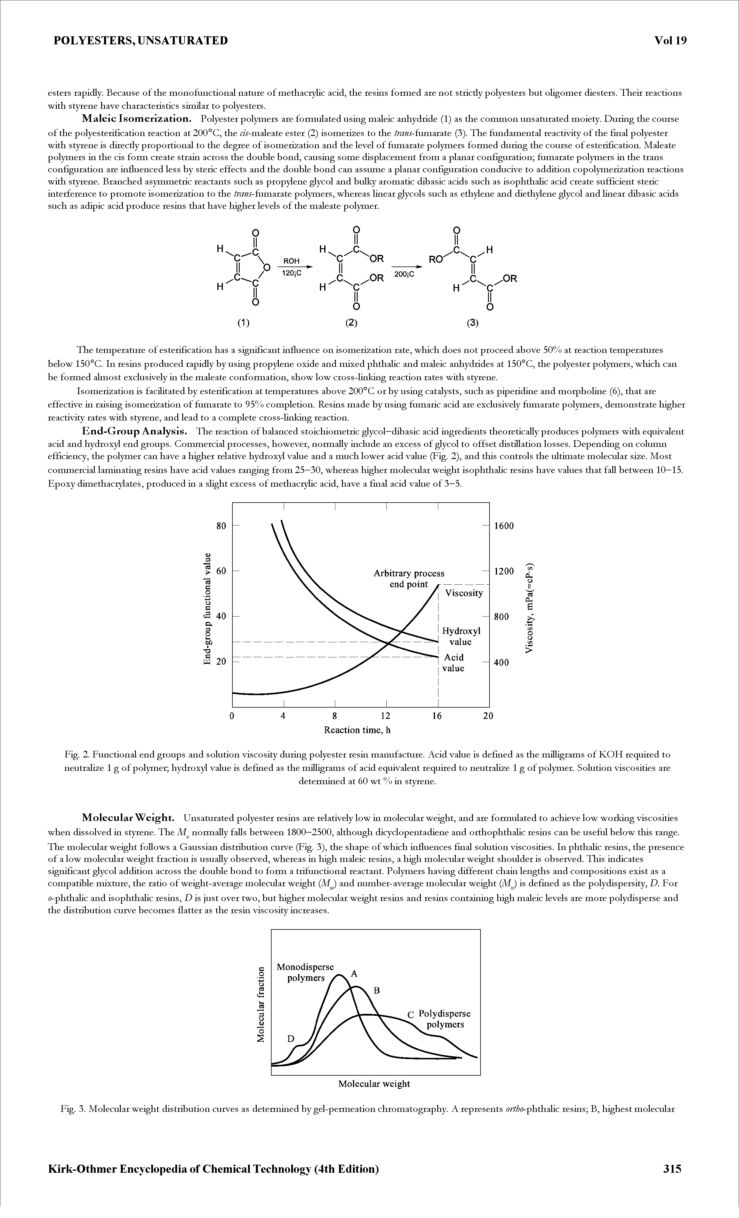 Fig. 2. Functional end groups and solution viscosity during polyester resin manufacture. Acid value is defined as the milligrams of KOH required to neutralize 1 g of polymer hydroxyl value is defined as the milligrams of acid equivalent required to neutralize 1 g of polymer. Solution viscosities are...