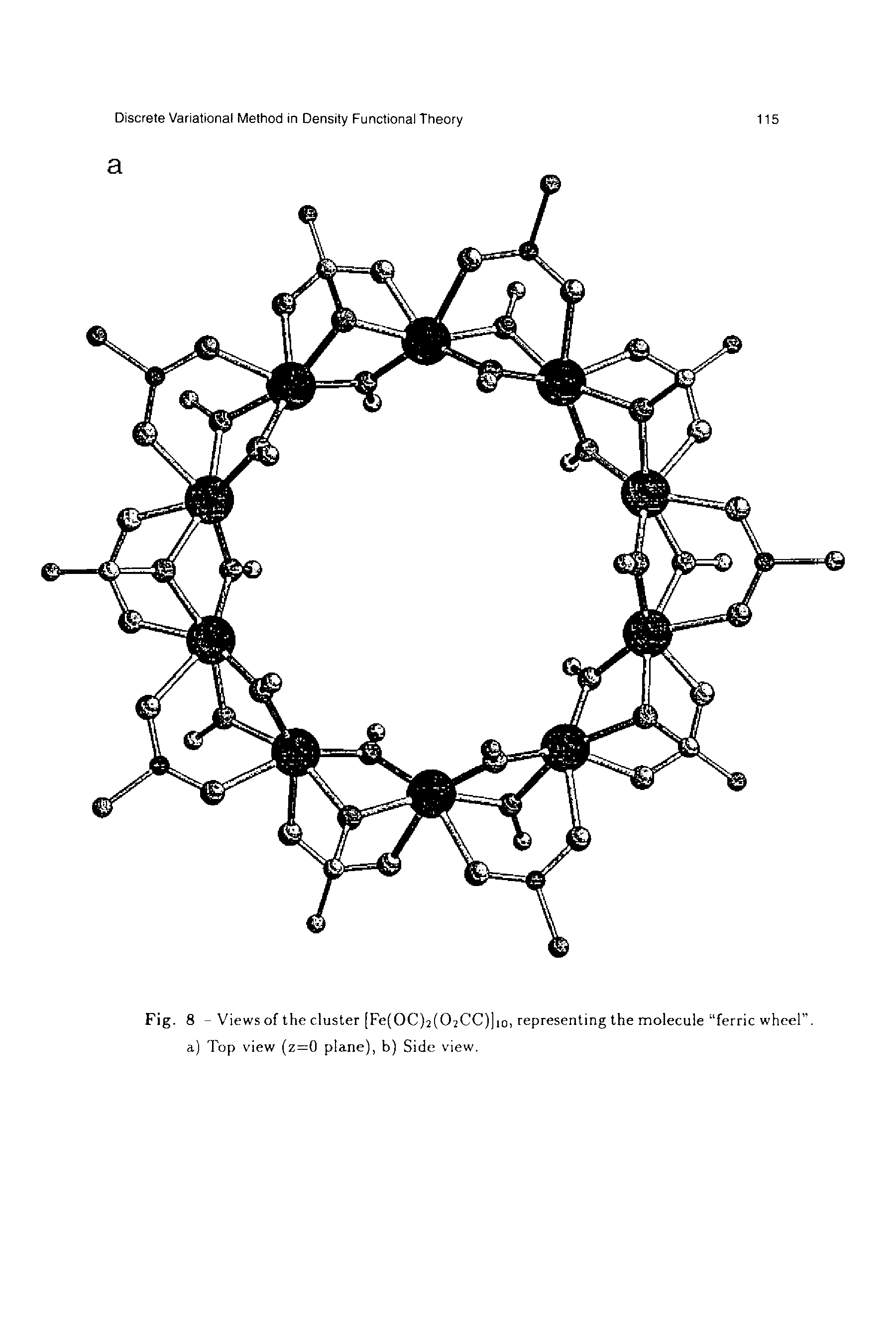 Fig. 8 - Views of the cluster (Fe(OC)2(02CC))io, representing the molecule ferric wheel a) Top view (z=0 plane), b) Side view.