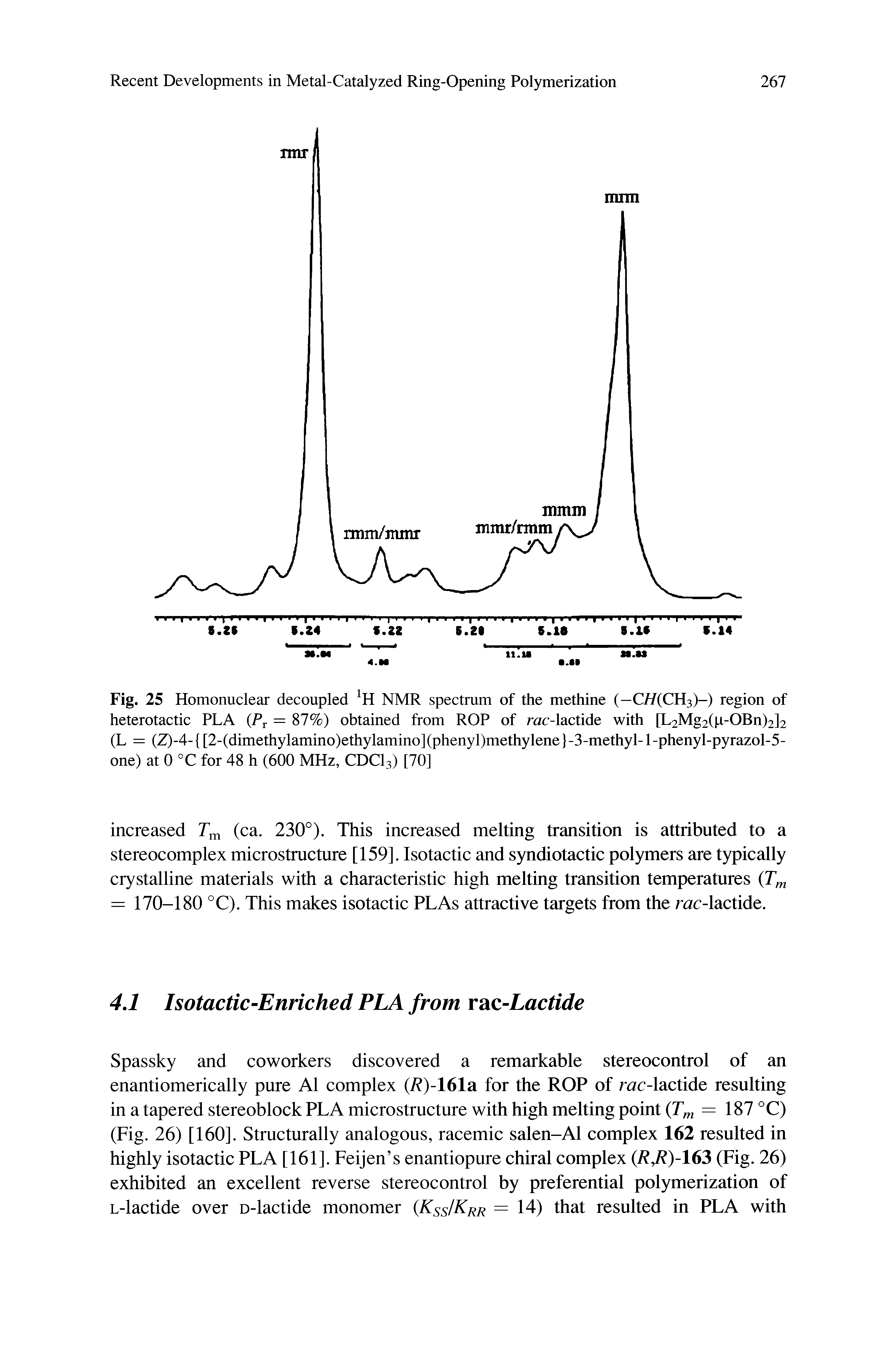 Fig. 25 Homonuclear decoupled NMR spectrum of the methine (—C//(CH3)-) region of heterotactic PLA P = 87%) obtained from ROP of rac-lactide with [L2Mg2(p-OBn)2]2 (L = (Z)-4- [2-(dimethylamino)ethylamino](phenyl)methylene -3-methyl-l-phenyl-pyrazol-5-one) at 0 °C for 48 h (600 MHz, CDCI3) [70]...