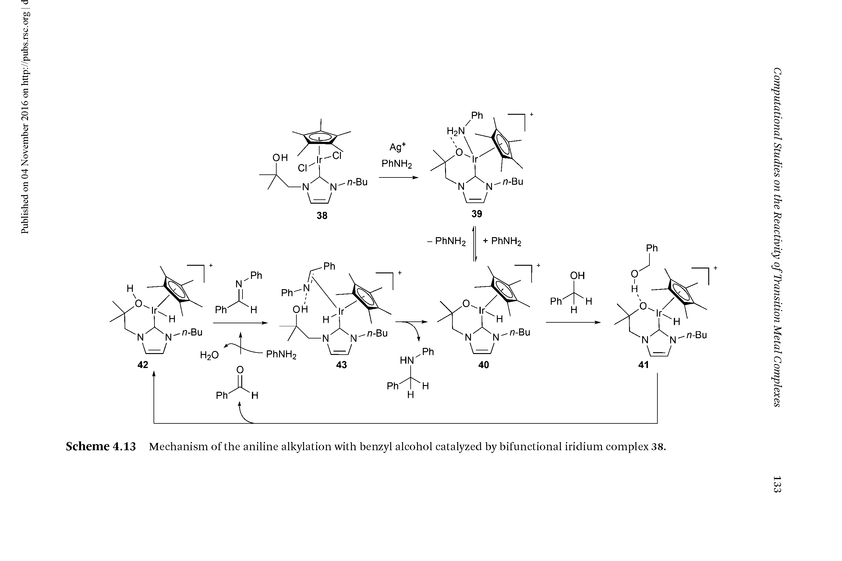 Scheme 4.13 Mechanism of the aniline alkylation with benzyl alcohol catalyzed by bifunctional iridium complex 38.